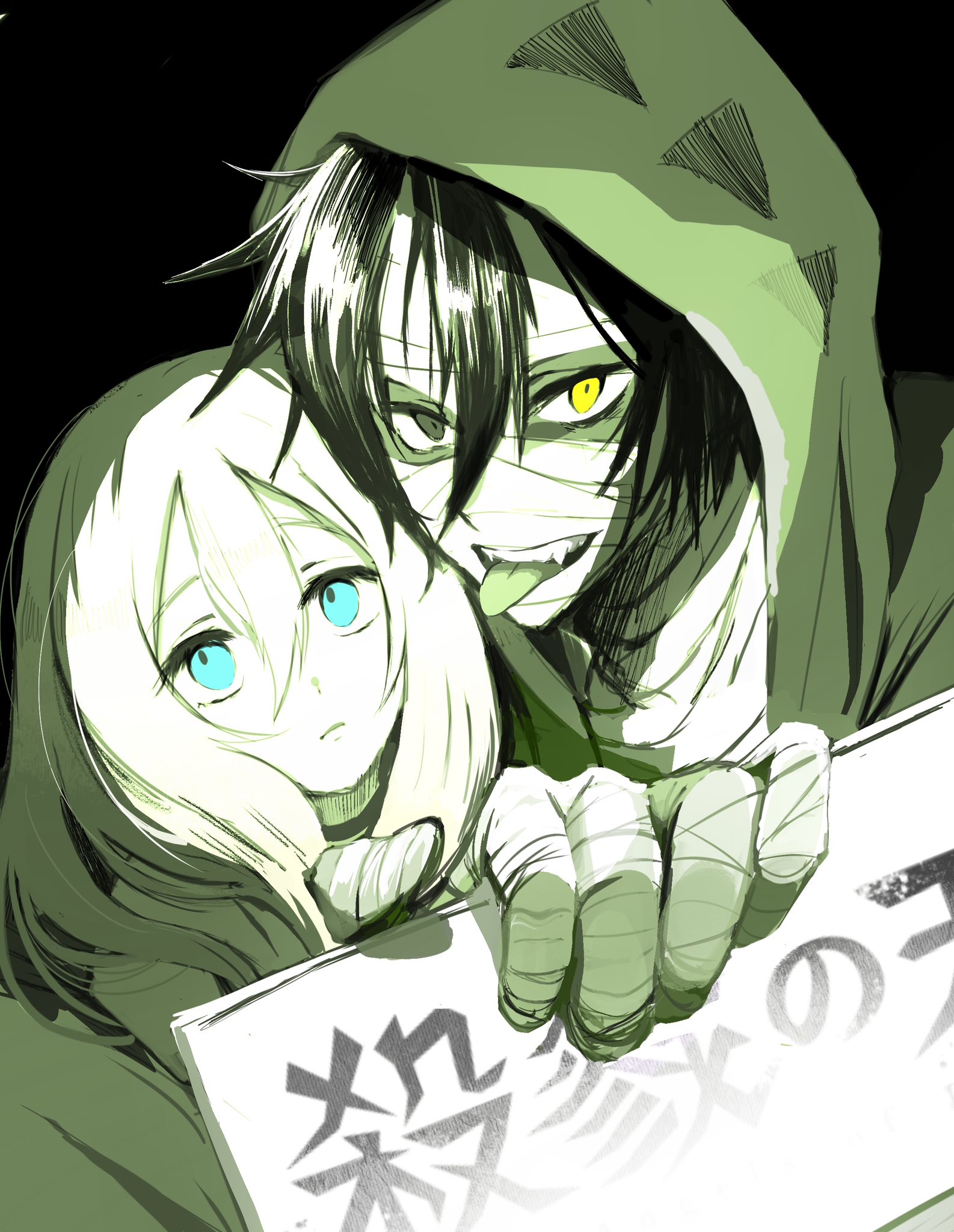 isaac foster, rachel gardner, satsuriku no tenshi, highres, 1boy, 1girl, bandages, blue eyes, closed mouth, expressionless, green theme, heterochromia, holding, holding sign, hood, hoodie, looking at viewer, open mouth, sign, smile, teeth, tongue, tongue out, upper body, vivionlyart