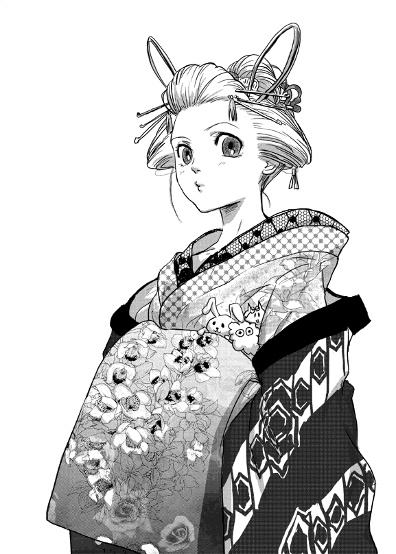 tarareba, tarareba (artist), kagura (gintama), gintama, 00s, 1girl, eyelashes, female focus, greyscale, japanese clothes, kimono, monochrome, nihongami, short hair, simple background, solo, stuffed animal, stuffed rabbit, stuffed toy, white background
