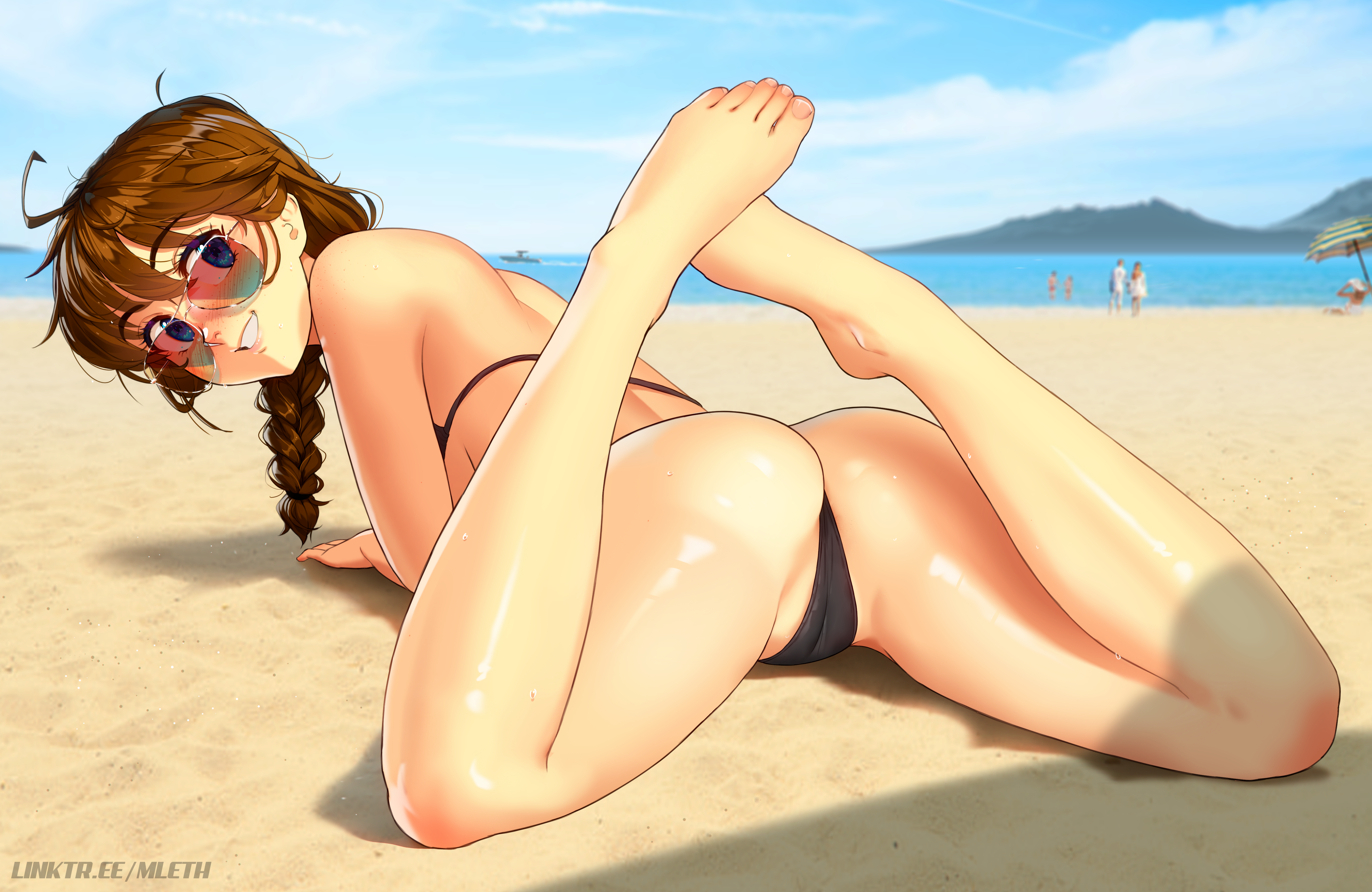 mleth, brooke (mleth), original, commentary, english commentary, 1girl, :d, ahoge, ass, ass focus, beach, bikini, black bikini, blue eyes, blue sky, blurry, blurry background, blush, braid, braided ponytail, breasts, brown hair, cameltoe, cloud, cloudy sky, depth of field, freckles, full body, hair between eyes, hands on ground, legs apart, looking at viewer, looking back, lying, medium breasts, medium hair, morning, mountainous horizon, ocean, on stomach, open mouth, orange-tinted eyewear, outdoors, sand, shadow, single braid, sky, smile, solo, string bikini, sweat, swimsuit, tinted eyewear