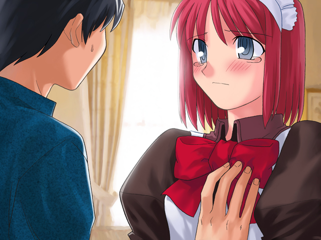 takeuchi takashi, hisui (tsukihime), tohno shiki, kagetsu tooya, tsukihime, game cg, 00s, 1boy, 1girl, blue eyes, blush, breasts, grabbing another's breast, groping, hetero, maid, red hair, ribbon, sweat, tears