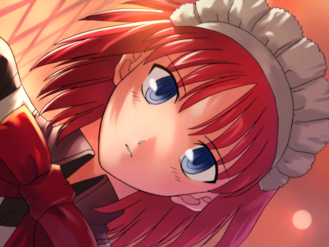 takeuchi takashi, hisui (tsukihime), kagetsu tooya, tsukihime, game cg, 00s, 1girl, blue eyes, female focus, maid, red hair, ribbon, solo
