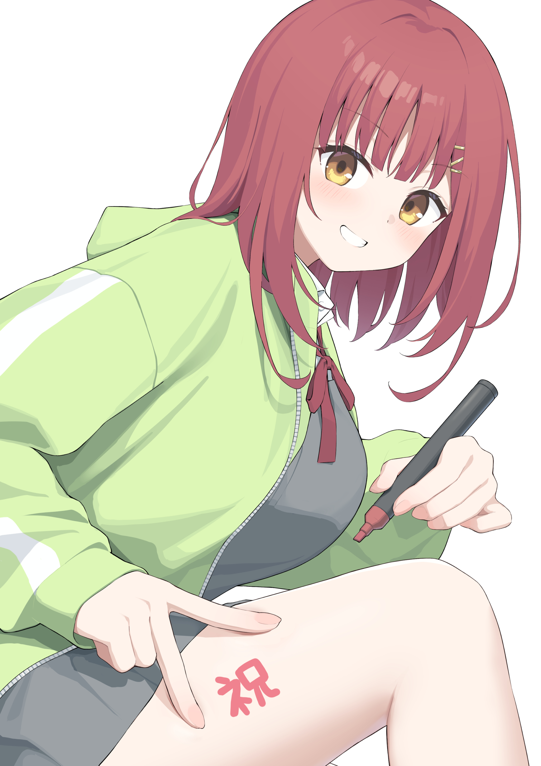 hotarihotaru, limelight lemonade jam, absurdres, commentary request, highres, translated, 1girl, :d, blunt bangs, blush, fingernails, from side, futamihara ririko, green jacket, grey skirt, grin, hair ornament, hairclip, hand up, happy, holding, holding marker, jacket, leaning forward, looking at viewer, marker, medium hair, neck ribbon, open clothes, open jacket, open mouth, red hair, red ribbon, ribbon, school uniform, simple background, skirt, sleeves past wrists, smile, solo, straight hair, thighs, track jacket, v, white background, yellow eyes