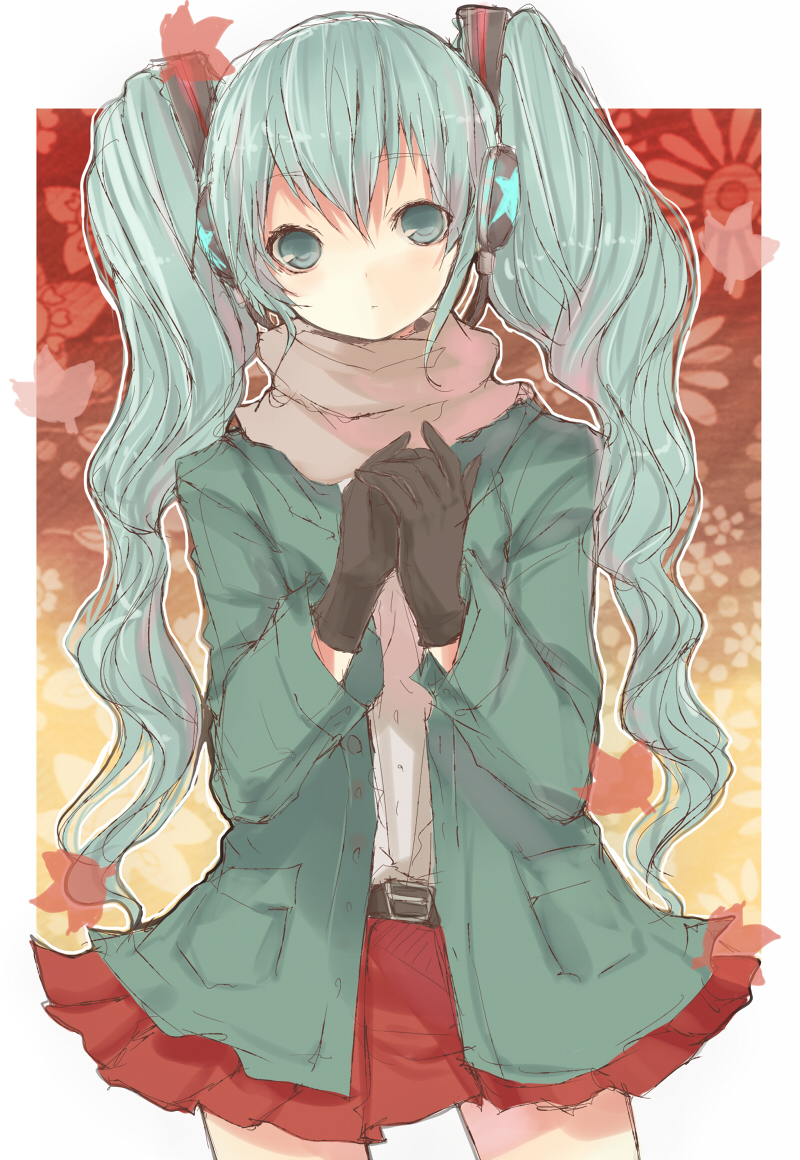 tetsuo (tashirosu), hatsune miku, vocaloid, bad id, bad pixiv id, 1girl, blue eyes, blue hair, casual, female focus, flower, gloves, headset, leaf, long hair, matching hair/eyes, skirt, solo, star (symbol), twintails