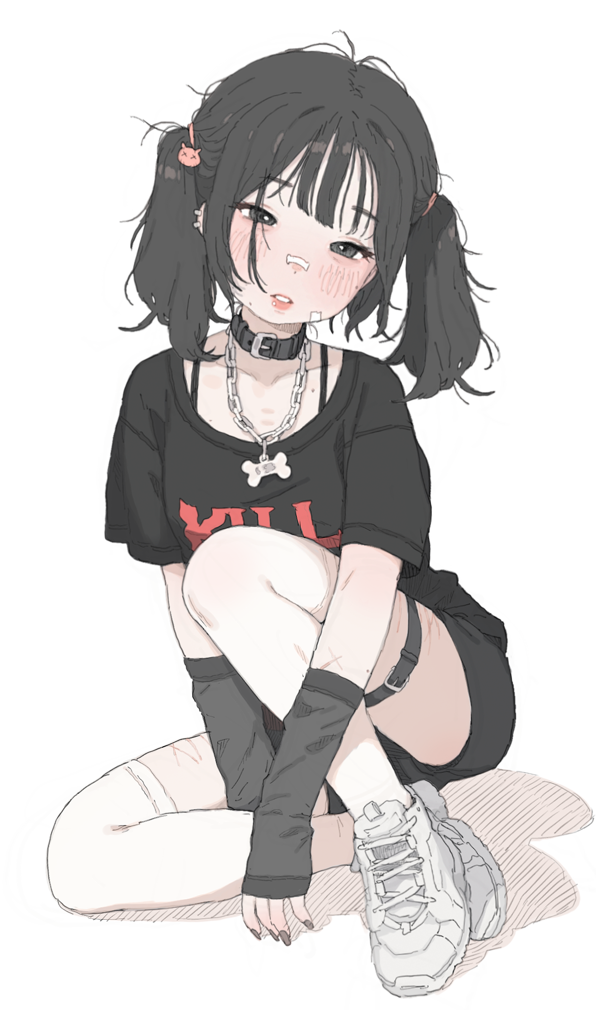 possummachine, original, commentary, english commentary, highres, 1girl, arm warmers, bandaid, bandaid on face, bandaid on nose, belt, belt collar, black arm warmers, black collar, black eyes, black hair, black nails, black shirt, black shorts, bone necklace, chain, chain necklace, choker, clothes writing, collar, collarbone, ear piercing, face piercing, full body, hair ornament, jewelry, jirai kei, lip piercing, medium hair, messy hair, mole, nail polish, necklace, piercing, scar, self-harm scar, shirt, shoes, short sleeves, shorts, simple background, sneakers, solo, thigh belt, thigh strap, thighhighs, twintails, white background, white shoes, white thighhighs
