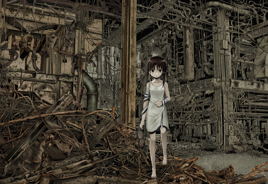 kahama youko, iwakura lain, serial experiments lain, bad id, bad pixiv id, 1990s (style), 1girl, asymmetrical hair, bandages, barefoot, brown eyes, brown hair, female focus, hair ornament, hairclip, machinery, retro artstyle, rubble, ruins, short hair, solo, stuffed animal, stuffed toy