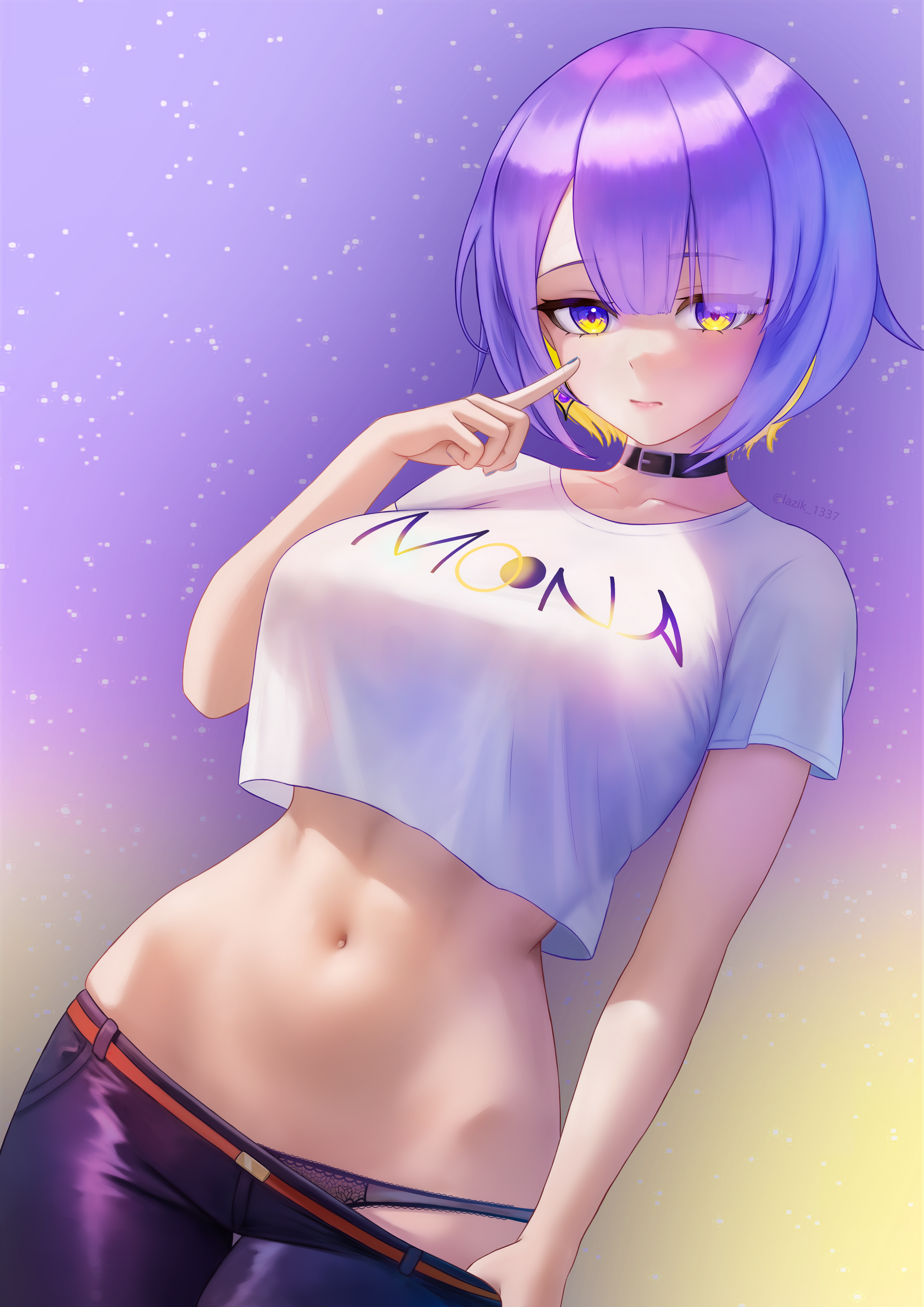 lazik 1337, moona hoshinova, moona hoshinova (casual), hololive, hololive indonesia, absurdres, commentary, highres, 1girl, black collar, black pants, blonde hair, blunt bangs, bob cut, breasts, clothes pull, collar, colored inner hair, hair flaps, hand up, large breasts, looking at viewer, midriff, multicolored hair, navel, official alternate costume, official alternate hairstyle, panties, pants, pants pull, panty peek, purple eyes, purple hair, shirt, short hair, short sleeves, solo, swept bangs, t-shirt, two-tone hair, underwear, virtual youtuber, white shirt