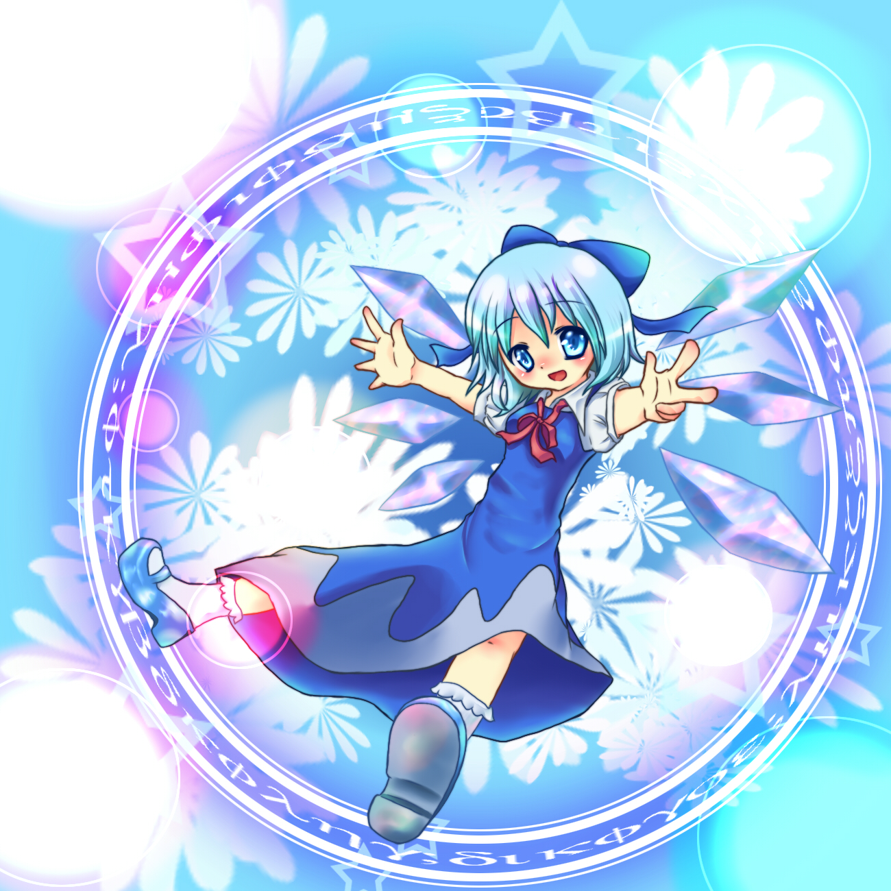 mashiron, cirno, embodiment of scarlet devil, touhou, bad id, bad pixiv id, highres, 1girl, blue eyes, dress, female focus, gradient background, head tilt, solo