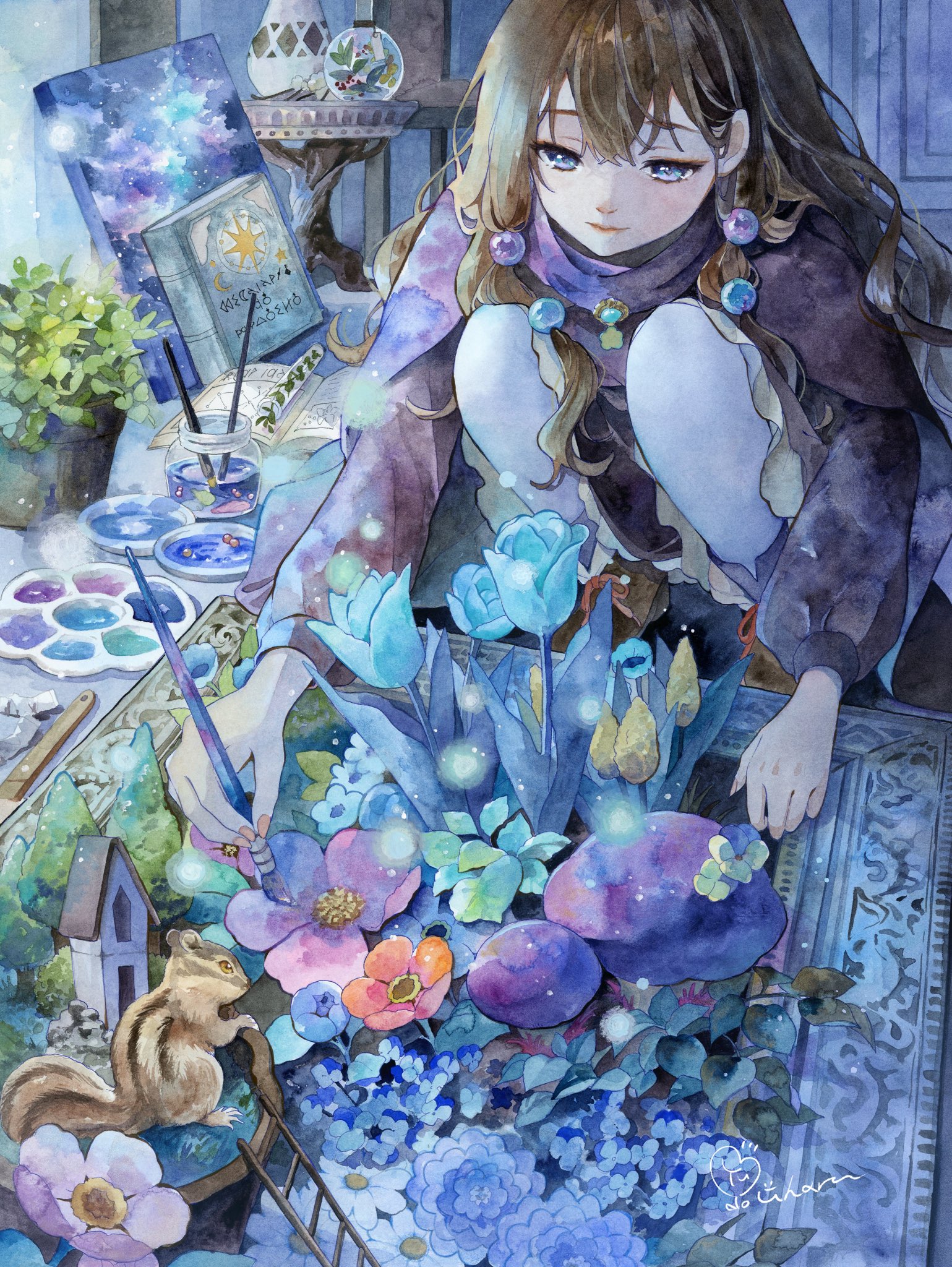 yuyuharu 1027, original, commentary request, highres, painting (medium), traditional media, watercolor (medium), 1girl, blue flower, blue tulip, book, brown hair, closed mouth, dress, flower, grey hair, hair bobbles, hair ornament, holding, holding paintbrush, indoors, kneeling, long hair, long sleeves, looking at object, mushroom, nose, paint palette, paintbrush, painting (action), purple dress, purple flower, solo, squirrel, tulip, wavy hair