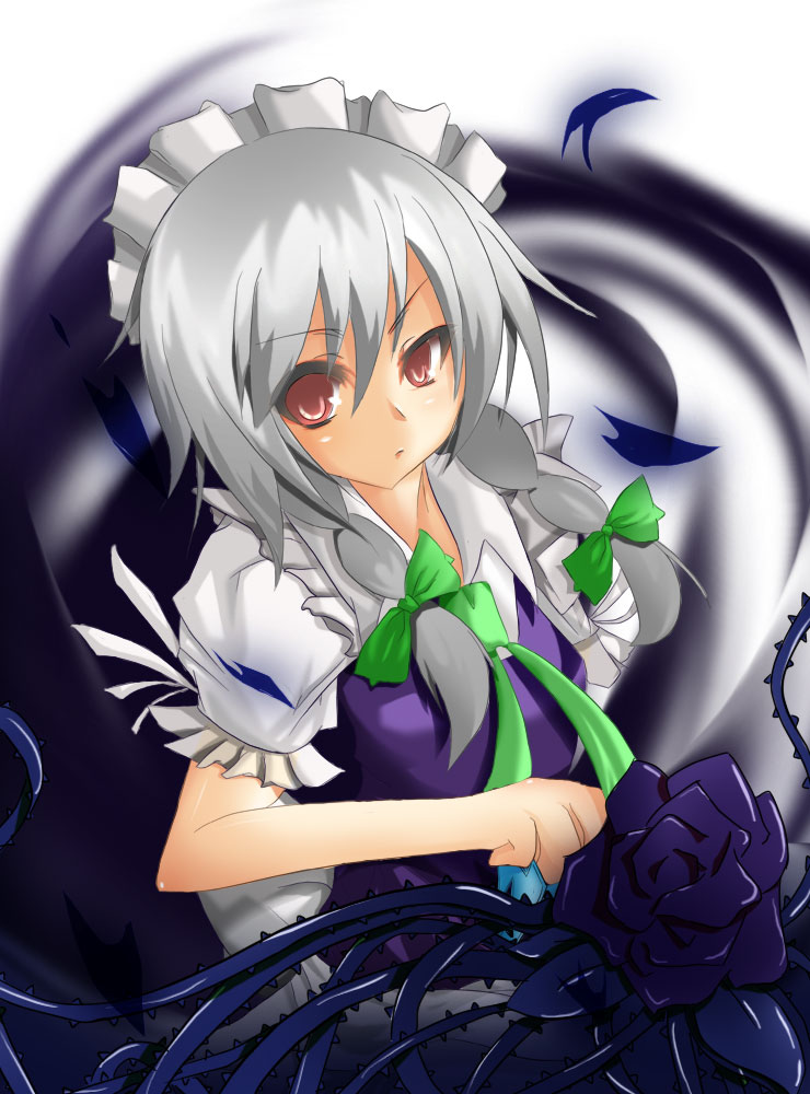 kuroi mizore, mizore (pixiv), izayoi sakuya, touhou, silver hair, bad id, bad pixiv id, 1girl, braid, female focus, red eyes, short hair, solo, twin braids