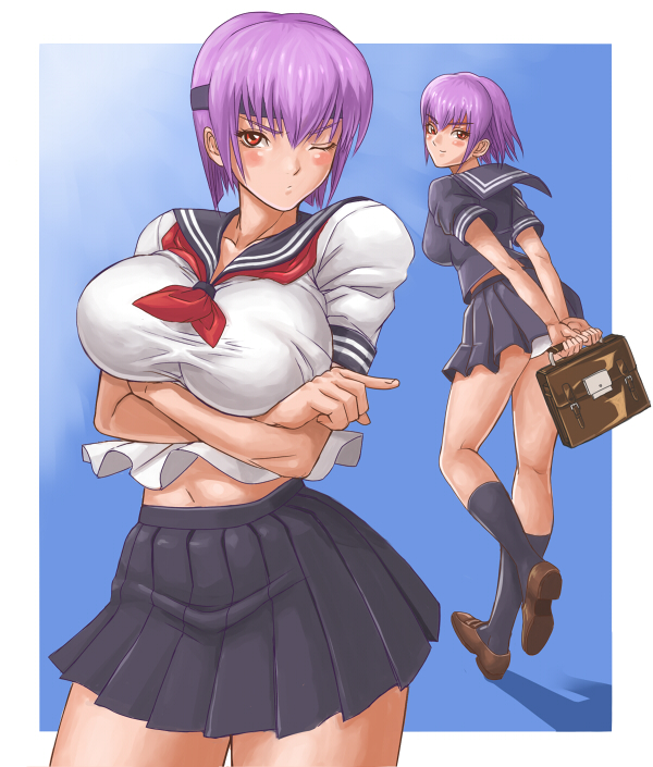 ibanen, ayane (doa), dead or alive, tecmo, breast hold, bad id, bad pixiv id, 1girl, bag, blush, breast suppress, breasts, headband, large breasts, one eye closed, panties, pantyshot, purple hair, red eyes, satchel, school bag, school uniform, serafuku, short hair, skirt, smile, underwear, upskirt, wink