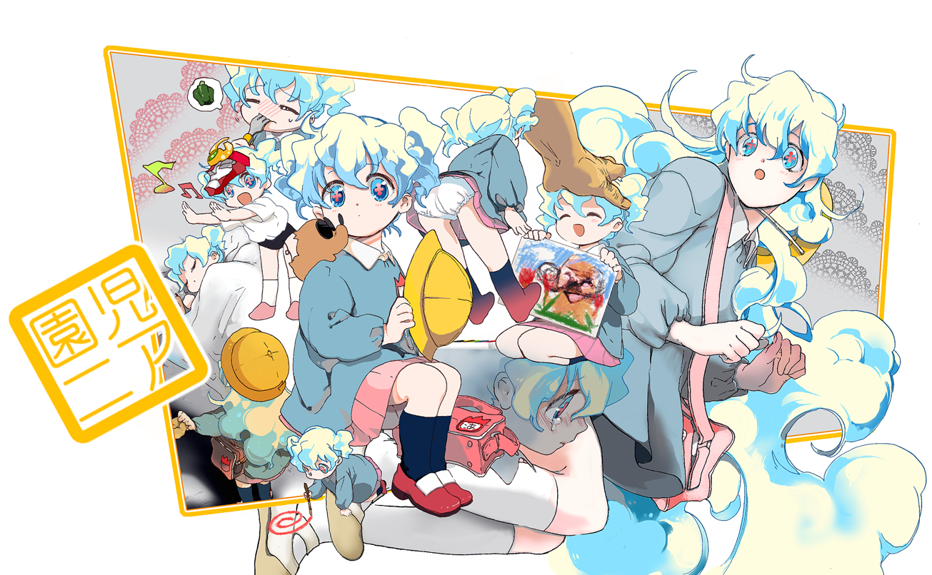 kanke (yonkuma), boota (ttgl), nia teppelin, tengen toppa gurren lagann, bad id, bad pixiv id, 00s, 1girl, ahoge, bag, bloomers, blue eyes, blush, boots, child, curly hair, female focus, hat, long hair, multicolored hair, multiple views, panties, pantyshot, school uniform, serafuku, shoes, short hair, signature, sitting, skirt, socks, twintails, underwear