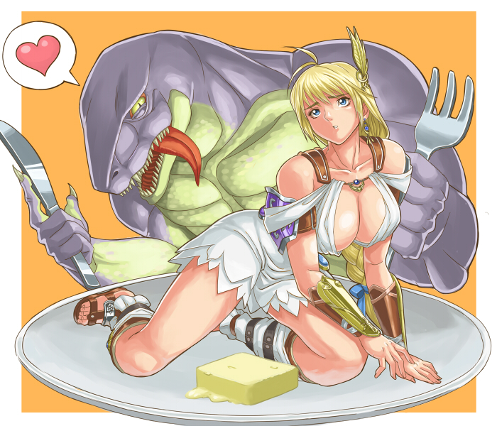 ibanen, lizardman (soulcalibur), sophitia alexandra, namco, soul calibur, soulcalibur, soulcalibur iv, bad id, bad pixiv id, 1girl, armor, armored dress, blonde hair, blonde twist, blue eyes, braid, breasts, butter, cleavage, dress, food, fork, furry, furry male, gladiator sandals, goddess bracelet, goddess guards, goddess headdress, goddess robe, heart, knife, large breasts, legs, lizardman, long hair, on plate, plate, raptor, sandals, single braid, tongue, vore