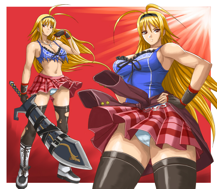 ibanen, chousen (ikkitousen), ikkitousen, ikkitousen shining dragon, torn legwear, bad id, bad pixiv id, 00s, 1girl, ahoge, antenna hair, blonde hair, breasts, hairband, large breasts, long hair, muscular, panties, plaid clothes, plaid skirt, skirt, sword, thighhighs, torn clothes, underwear, weapon, white panties