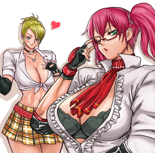 ibanen, candy cane (rumble roses), miss spencer, konami, rumble roses, bad id, bad pixiv id, 2girls, adjusting eyewear, blonde hair, bra, breasts, cleavage, cosplay, costume switch, glasses, gloves, heart, huge breasts, large breasts, lingerie, midriff, multiple girls, pink hair, side ponytail, sleeves rolled up, underwear