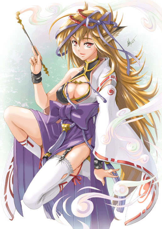 yuu (yuyukaikan), original, 1girl, animal ears, blonde hair, breasts, cleavage, cleavage cutout, clothing cutout, fantasy, female focus, fox ears, frilled thighhighs, frills, garter belt, garter straps, holding, holding smoking pipe, kiseru, long hair, orange hair, red eyes, smoking, smoking pipe, solo, thighhighs