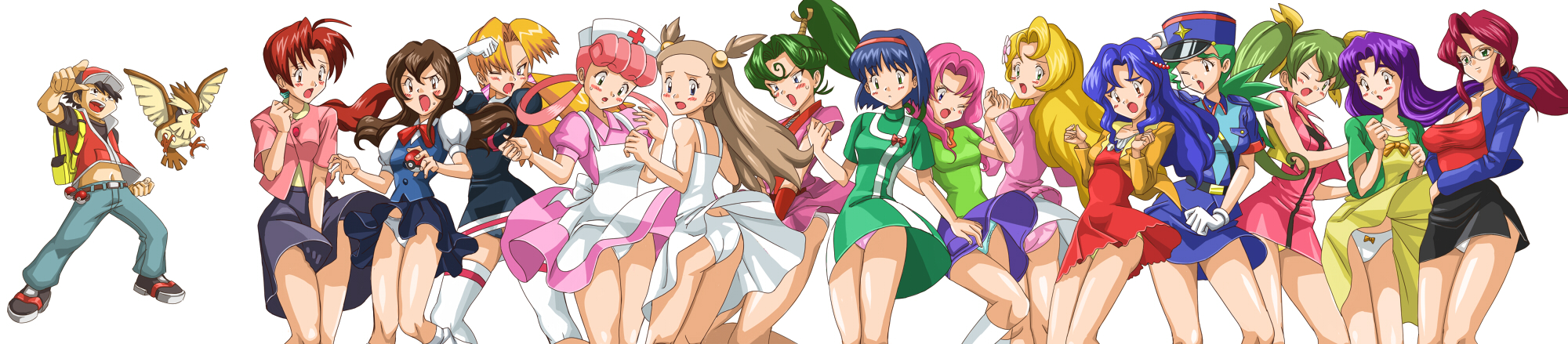 ibanen, aya (pokemon), cassidy (pokemon), daisy (pokemon), delia ketchum, erika (pokemon), florinda showers (pokemon), giselle (pokemon), jasmine (pokemon), jenny (pokemon), joy (pokemon), lily (pokemon), lorelei (pokemon), murasame lindow (pokemon), pidgey, red (pokemon), red (pokemon frlg), violet (pokemon), nintendo, pokemon, pokemon (anime), pokemon (classic anime), pokemon ep009, pokemon ep026, pokemon ep032, pokemon ep061, pokemon ep068, pokemon frlg, pokemon gsc, white legwear, bad id, bad pixiv id, highres, long image, wide image, >:o, 00s, 1990s (style), 1boy, 6+girls, :o, age difference, ahoge, angry, apron, aqua panties, ass, backpack, bag, bare shoulders, baseball cap, belt, bird, black hair, black panties, blonde hair, blue eyes, blue hair, blush, bow, bow panties, breasts, brown eyes, brown hair, cleavage, clenched hand, clothes lift, cross, denim, dress, dress lift, earrings, elite four, everyone, flat chest, floating hair, flower, gen 1 pokemon, glasses, gloves, green eyes, green hair, green panties, grey hair, gym leader, hair bobbles, hair flower, hair ornament, hair ribbon, hair rings, hairband, harem, hat, high ponytail, holding, holding poke ball, in-franchise crossover, japanese clothes, jeans, jewelry, kneehighs, legs apart, light smile, lily (pokemon classic anime), lineup, long hair, looking at viewer, looking back, looking down, loose socks, low ponytail, mature female, medium breasts, midriff, multiple girls, navel, ninja, nurse, nurse cap, official alternate costume, one eye closed, orange hair, panties, pants, pantyshot, peaked cap, pink hair, pointing, poke ball, poke ball (basic), pokemon (creature), police, police uniform, policewoman, ponytail, puffy sleeves, purple eyes, purple hair, purple panties, raised eyebrows, red cross, red hair, retro artstyle, ribbon, short dress, short hair, siblings, side slit, sidelocks, sisters, skirt, skirt lift, skirt tug, small breasts, smile, socks, standing, surprised, sweatdrop, taut clothes, team rocket, team rocket uniform, thighhighs, twintails, two side up, underwear, v-shaped eyebrows, very long hair, vest, waist poke ball, white panties, wince, wind, wind lift, yellow panties
