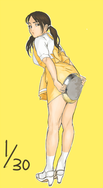 ibanen, anna miller, original, bad id, bad pixiv id, derivative work, 1girl, back, brown hair, covering ass, covering privates, female focus, from behind, high heels, legs, long hair, looking back, open shoes, shoes, solo, tray, twintails, waitress, yellow background