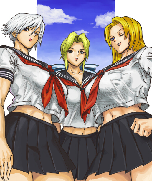 ibanen, christie (doa), helena douglas, tina armstrong, dead or alive, tecmo, bad id, bad pixiv id, 3girls, blonde hair, blue eyes, breasts, large breasts, long hair, midriff, multiple girls, navel, one eye closed, pleated skirt, school uniform, serafuku, short hair, skirt, white hair, wink