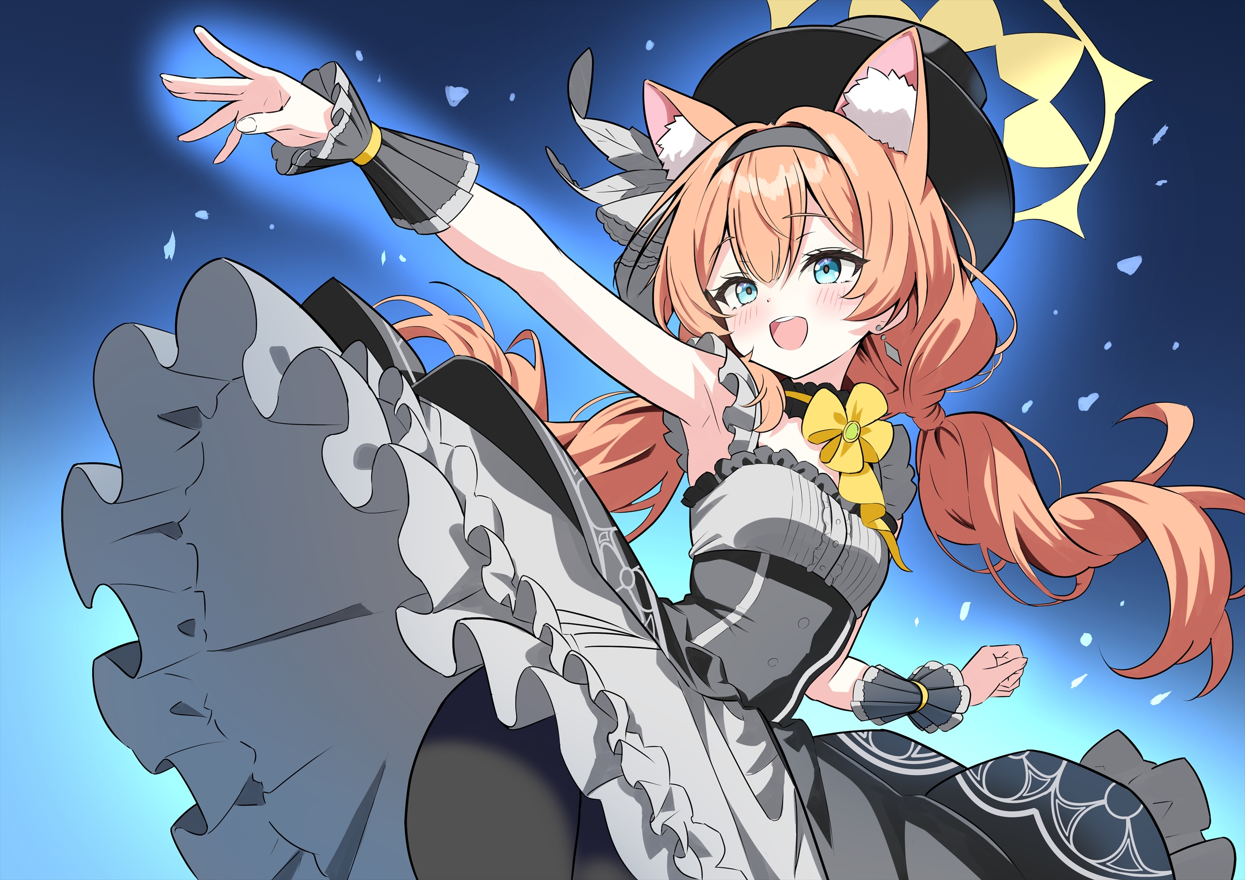shamu (helix), mari (blue archive), mari (idol) (blue archive), blue archive, commentary, highres, 1girl, :d, animal ear fluff, animal ears, armpits, artistic error, black choker, black dress, black hat, black pantyhose, black wrist cuffs, blue background, blue eyes, blush, breasts, cat ears, cat girl, center frills, choker, clenched hand, clothes lift, cowboy shot, dancing, dress, dress lift, earrings, extra ears, eyelashes, frilled choker, frilled dress, frills, grey dress, hair between eyes, halo, happy, hat, hat feather, idol, idol clothes, jewelry, long hair, looking ahead, low twintails, official alternate costume, official alternate hairstyle, open mouth, orange hair, outstretched arm, outstretched hand, pantyhose, simple background, small breasts, smile, solo, teeth, top hat, twintails, two-tone dress, upper teeth only, very long hair, wind, wind lift, wrist cuffs, yellow halo