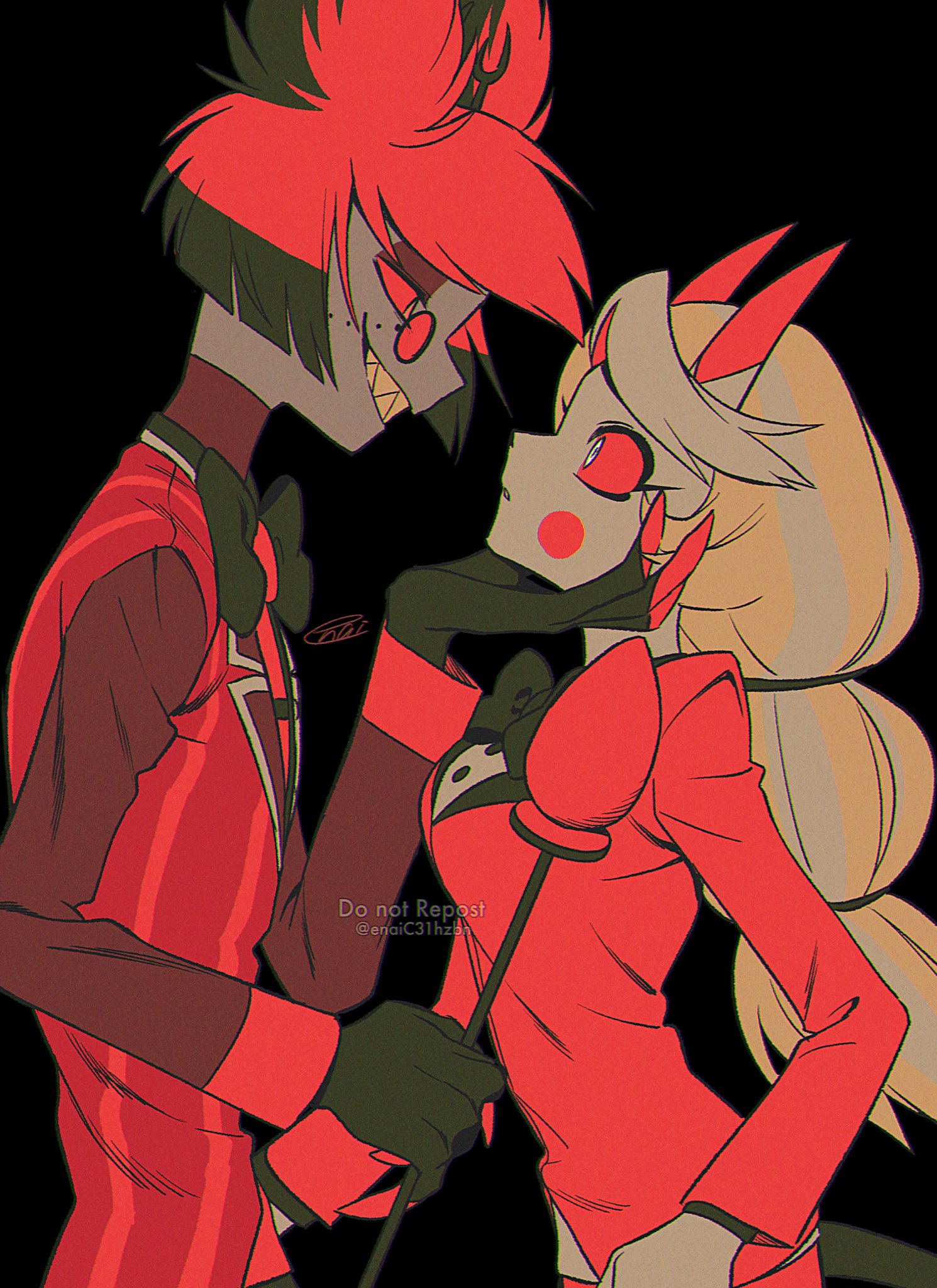 menma (enaic31), alastor (hazbin hotel), charlie morningstar, hazbin hotel, hellaverse, commentary, highres, 1boy, 1girl, :d, animal ears, animal nose, antlers, black background, black bow, black bowtie, black hair, black tail, blonde hair, bob cut, bow, bowtie, breasts, chromatic aberration, circle facial mark, colored sclera, colored skin, colored tips, deer antlers, deer boy, deer ears, demon girl, demon horns, demon tail, eye contact, eyeshadow, fewer digits, film grain, from side, grey skin, grin, hair tie, hand on another's chin, holding, holding staff, horns, inverted bob, jacket, lapels, layered sleeves, long hair, long sleeves, looking at another, low-tied long hair, makeup, monocle, multicolored hair, notched lapels, open mouth, parted lips, profile, red eyes, red eyeshadow, red hair, red horns, red jacket, red sclera, sharp teeth, shirt, short hair, signature, simple background, small breasts, smile, staff, striped clothes, striped jacket, tail, teeth, traditional bowtie, two-tone hair, upper body, vertical-striped clothes, vertical-striped jacket, very long hair, white eyes, white shirt, white skin