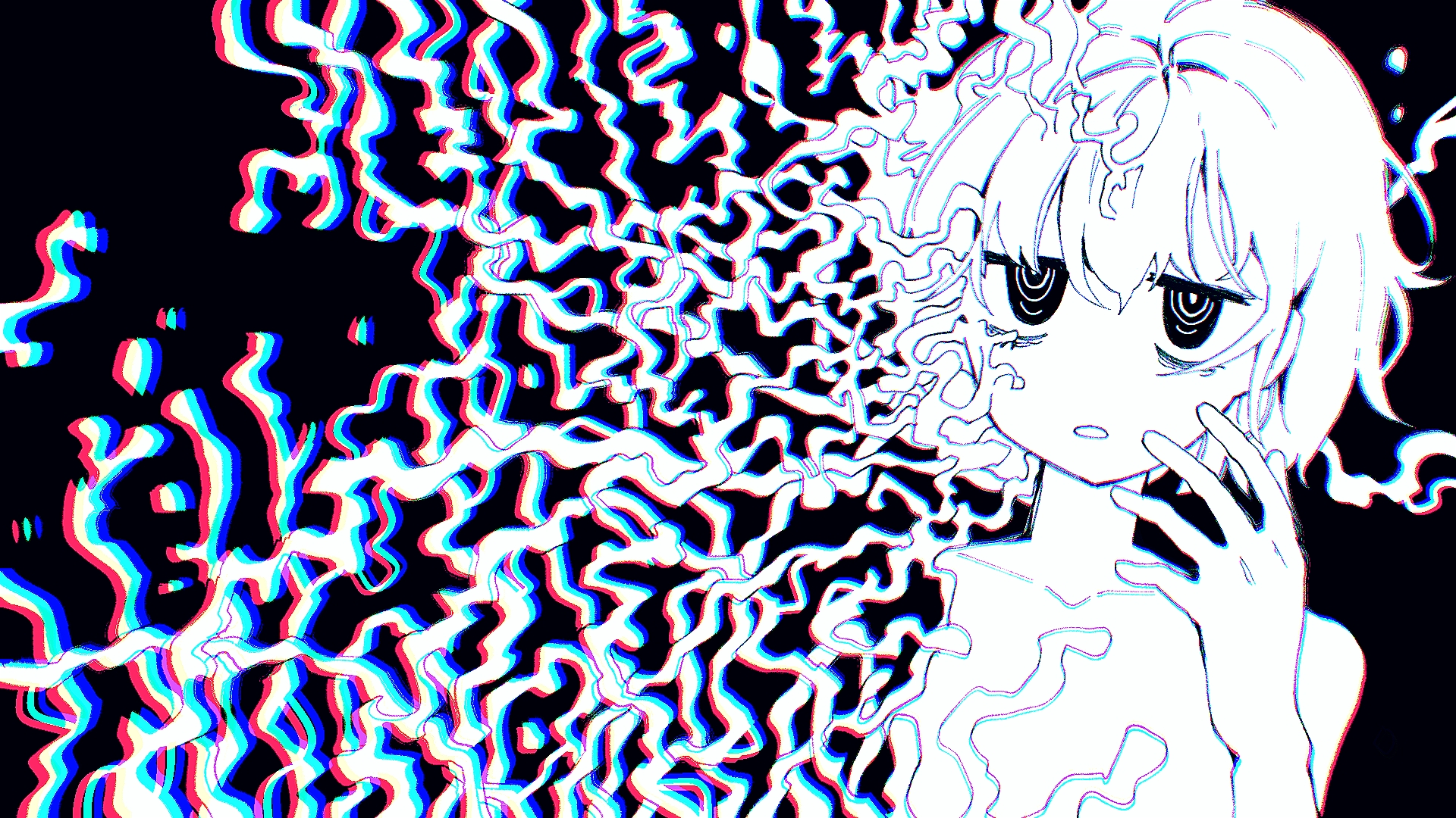 zer0h, original, highres, tagme, 1girl, chromatic aberration, hand up, looking at viewer, monochrome, parted lips, solo, upper body