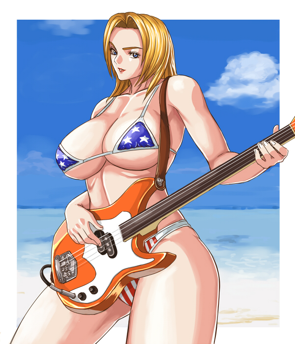 ibanen, tina armstrong, dead or alive, tecmo, bad id, bad pixiv id, 1girl, american flag, american flag bikini, american flag print, bass guitar, beach, bikini, blonde hair, blue eyes, breasts, cleavage, day, female focus, flag print, flag print bikini, guitar, holding, holding instrument, instrument, large breasts, long hair, micro bikini, ocean, outdoors, print bikini, sky, solo, swimsuit, underboob, united states
