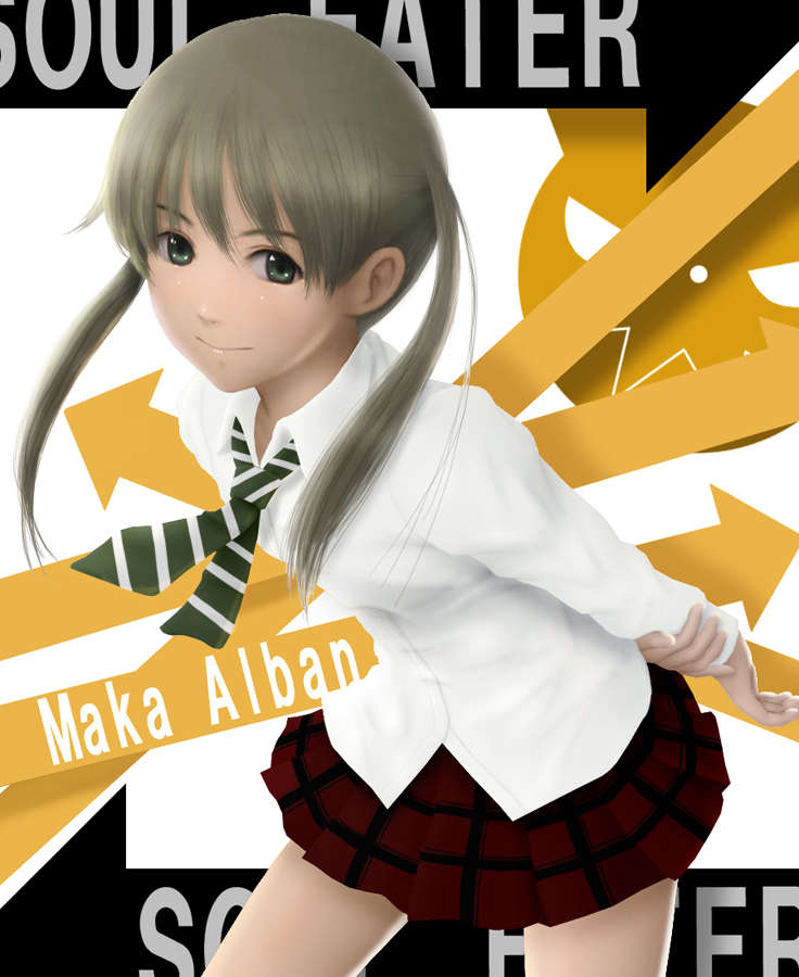 siraha, maka albarn, soul eater, striped, bad id, bad pixiv id, 00s, 1girl, arms behind back, arrow (symbol), female focus, green eyes, grey hair, holding own wrist, leaning forward, necktie, skirt, smile, solo, twintails