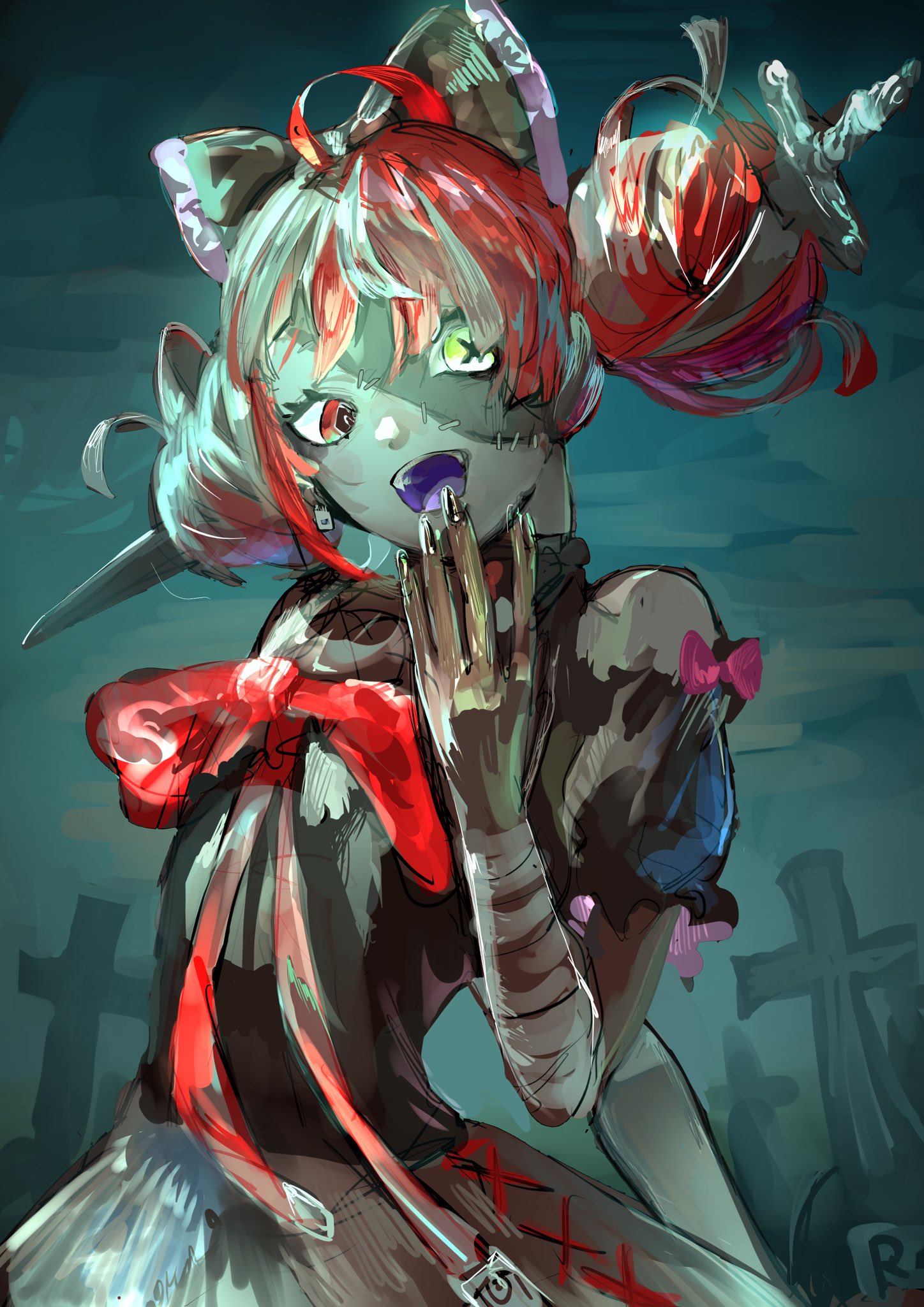 kureiji ollie, hololive, hololive indonesia, highres, 1girl, arinkonotomo, bow, colored skin, cross-shaped pupils, dark background, diamond-shaped pupils, diamond (shape), dress, flat chest, gradient eyes, green background, green hair, grey hair, grey skin, heterochromia, looking at viewer, multicolored eyes, multicolored hair, open mouth, patchwork skin, red eyes, red hair, solo, streaked hair, sword, symbol-shaped pupils, tombstone, virtual youtuber, weapon, yellow eyes, zombie