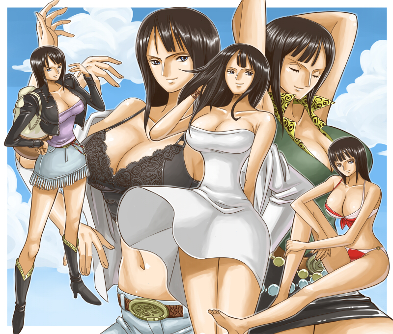 ibanen, nico robin, nico robin (sabaody), one piece, bad id, bad pixiv id, 1girl, alternate color, barefoot, bikini, black hair, blue eyes, boots, breasts, cleavage, dress, extra arms, hana hana no mi, large breasts, long hair, midriff, multi limb, multiple persona, multiple views, navel, skirt, swimsuit