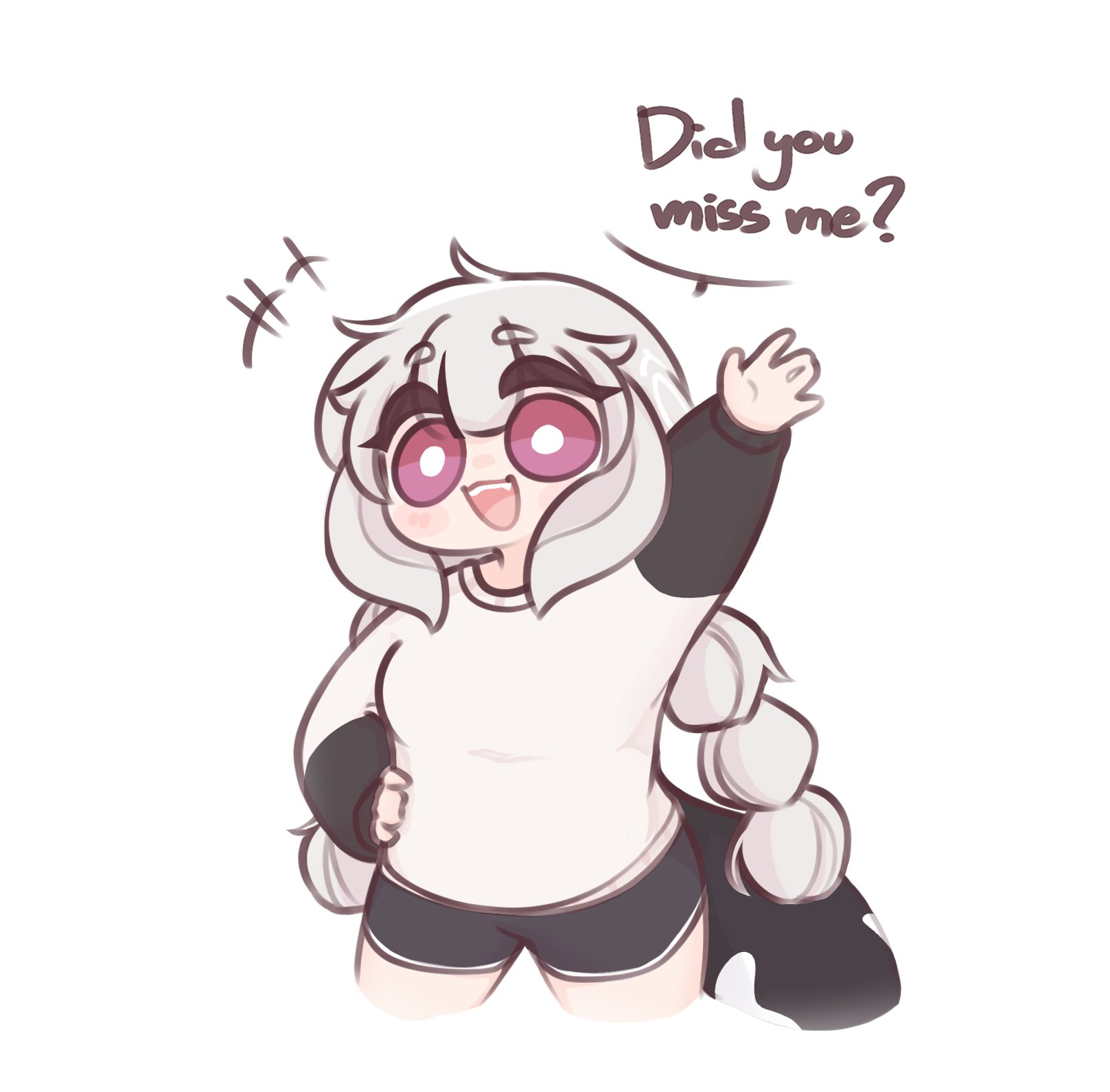 chonkyorca, orca (chonkyorca), original, commentary, highres, symbol-only commentary, +++, 1girl, :d, arm up, artist self-insert, black shorts, braid, cetacean tail, english text, fins, fish tail, grey hair, hand on own hip, long sleeves, looking at viewer, low twintails, open mouth, puffy long sleeves, puffy sleeves, purple eyes, shirt, short eyebrows, short shorts, shorts, simple background, sleeves past wrists, smile, solo, tail, thick eyebrows, twin braids, twintails, white background, white shirt