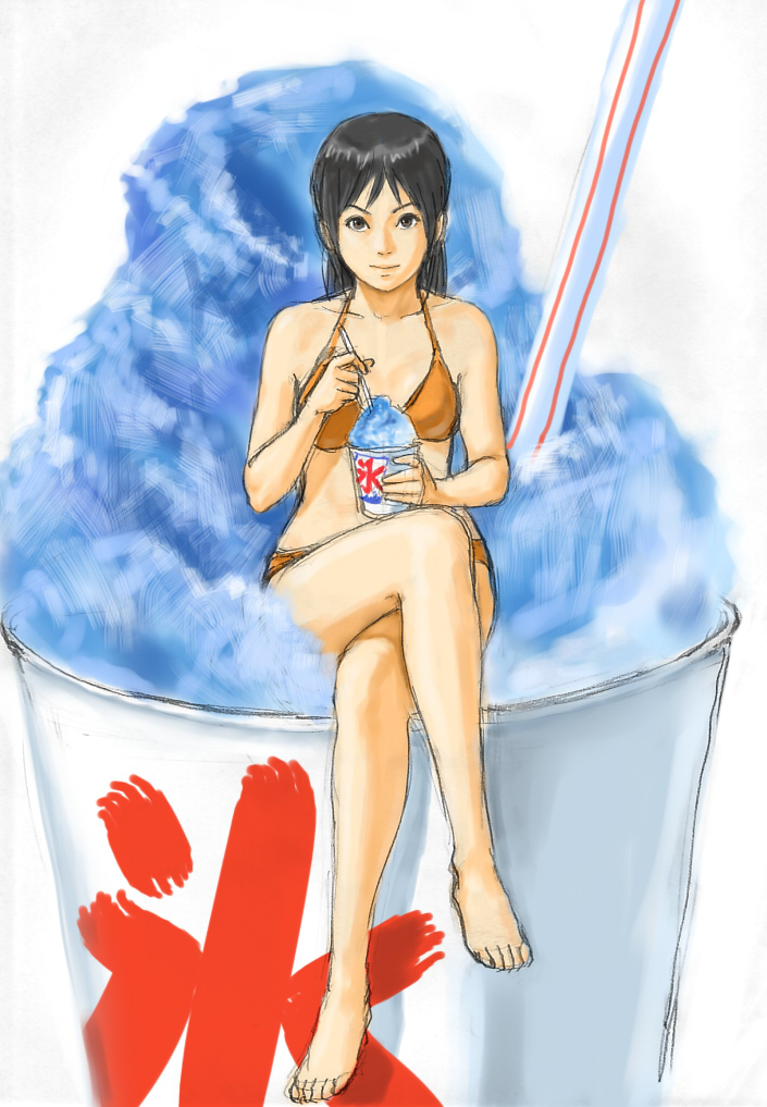 risui2, barefoot, bikini, black hair, crossed legs, eating, feet, food, long hair, orange bikini, shaved ice, sitting, sketch, solo, swimsuit