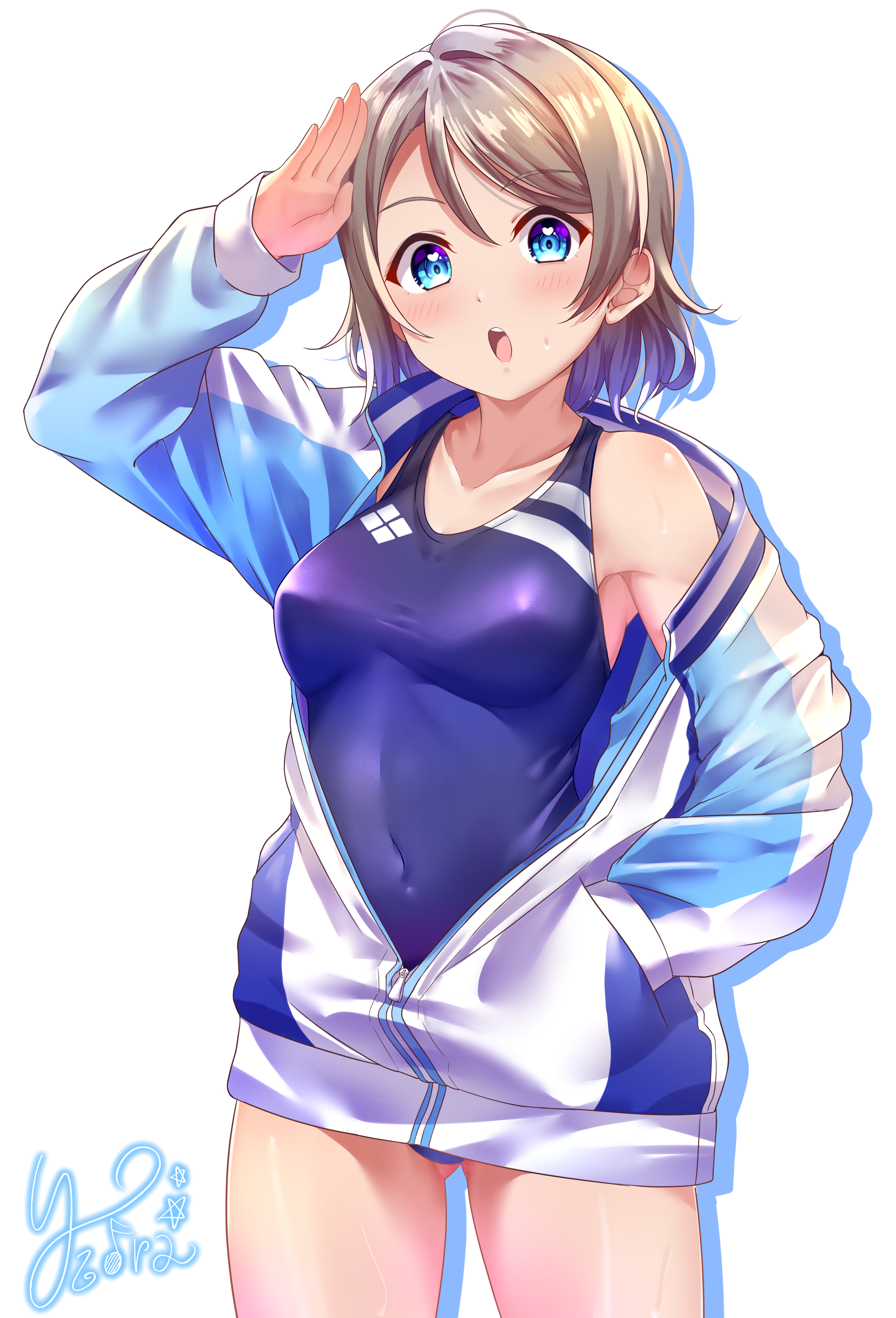 kuntze, watanabe you, love live!, love live! sunshine!!, absurdres, highres, revision, 1girl, arm up, armpit peek, armpits, ass, blue eyes, blue jacket, blue one-piece swimsuit, blush, breasts, brown hair, collarbone, collared shirt, competition swimsuit, covered navel, gluteal fold, grey hair, gym uniform, hand up, head tilt, heart, heart in eye, highleg, highleg one-piece swimsuit, jacket, long sleeves, medium breasts, multicolored hair, multicolored jacket, off shoulder, official alternate costume, one-piece swimsuit, open clothes, open jacket, open mouth, purple hair, salute, shirt, short hair, signature, simple background, sportswear, streaked hair, sweat, sweatdrop, swimsuit, symbol in eye, teeth, thighs, tongue, track jacket, two-tone jacket, two-tone swimsuit, upper body, upper teeth only, wavy hair, wet, white background, white jacket
