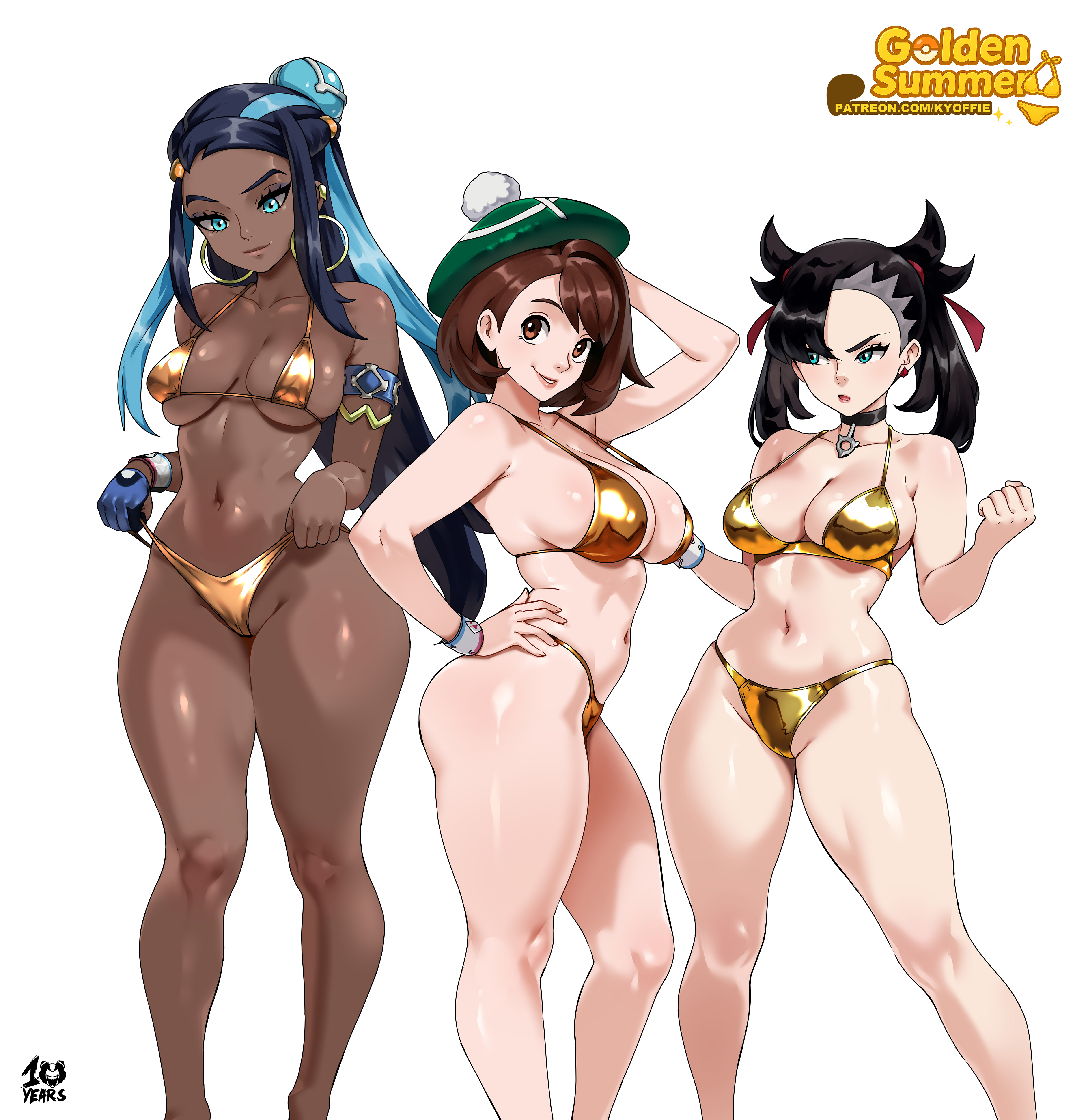 kyoffie, gloria (pokemon), marnie (pokemon), nessa (pokemon), nintendo, pokemon, pokemon swsh, absurdres, commentary, english commentary, highres, 3girls, bikini, black hair, blue eyes, blue hair, breasts, brown eyes, brown hair, curvy, dark-skinned female, dark skin, dynamax band, gold bikini, green eyes, green hat, hair ribbon, hands up, hat, large breasts, long hair, looking at another, looking at viewer, medium breasts, multicolored hair, multiple girls, navel, ribbon, short hair, simple background, stomach, swimsuit, tam o' shanter, thighs, twintails, two-tone hair, white background