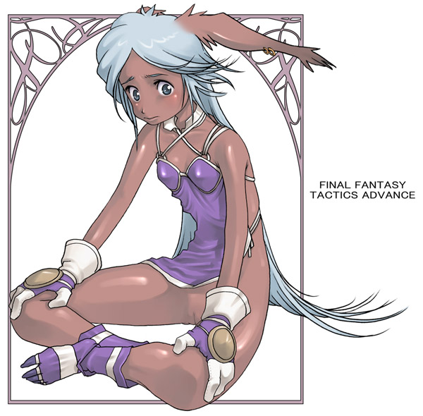 g-room honten, final fantasy, final fantasy tactics advance, silver hair, 1girl, animal ears, breasts, dark-skinned female, dark skin, flat chest, full body, gloves, long hair, no panties, penis, sitting, solo, viera