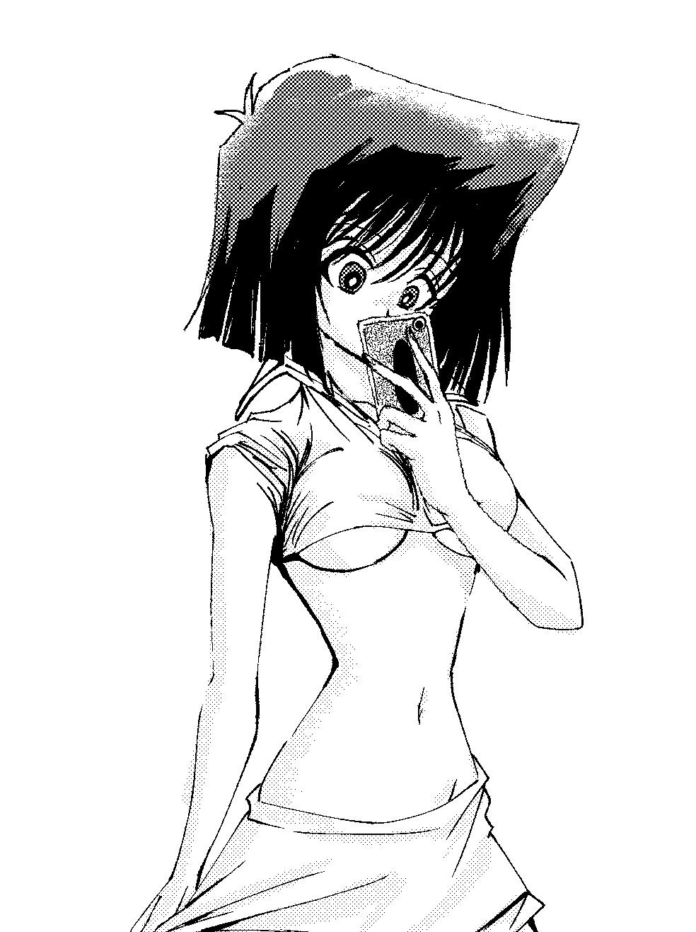 fenyon, mazaki anzu, yu-gi-oh!, yu-gi-oh! duel monsters, highres, 1girl, breasts, brown hair, card, crop top, cropped shirt, hair intakes, holding, holding card, large breasts, midriff, navel, shirt, short hair, skirt, sleeveless, solo, stomach
