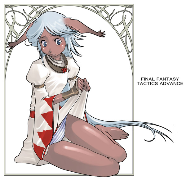 g-room honten, white mage (final fantasy), final fantasy, final fantasy tactics advance, silver hair, 1girl, animal ears, blue eyes, blush, clothes lift, dark-skinned female, dark skin, dress, dress lift, female focus, full body, long hair, panties, solo, striped clothes, striped panties, underwear, viera