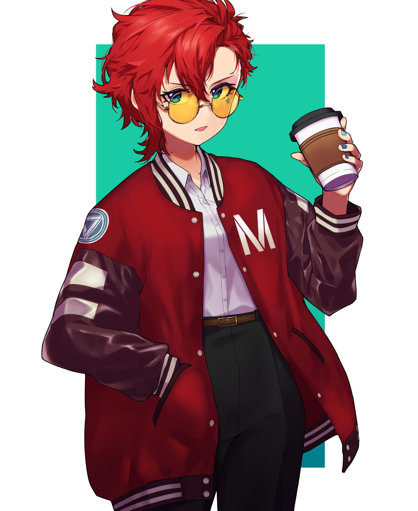 lauqe, julia (idolmaster), idolmaster, idolmaster million live!, highres, 1girl, black pants, blue eyes, blue nails, collared shirt, cowboy shot, cup, disposable coffee cup, disposable cup, facial mark, fingernails, green background, hand in pocket, holding, holding cup, jacket, letterman jacket, long sleeves, looking at viewer, nail polish, pants, red hair, red jacket, round eyewear, shirt, shirt tucked in, short hair, simple background, solo, standing, star (symbol), star facial mark, tinted eyewear, white background, white shirt, yellow-tinted eyewear
