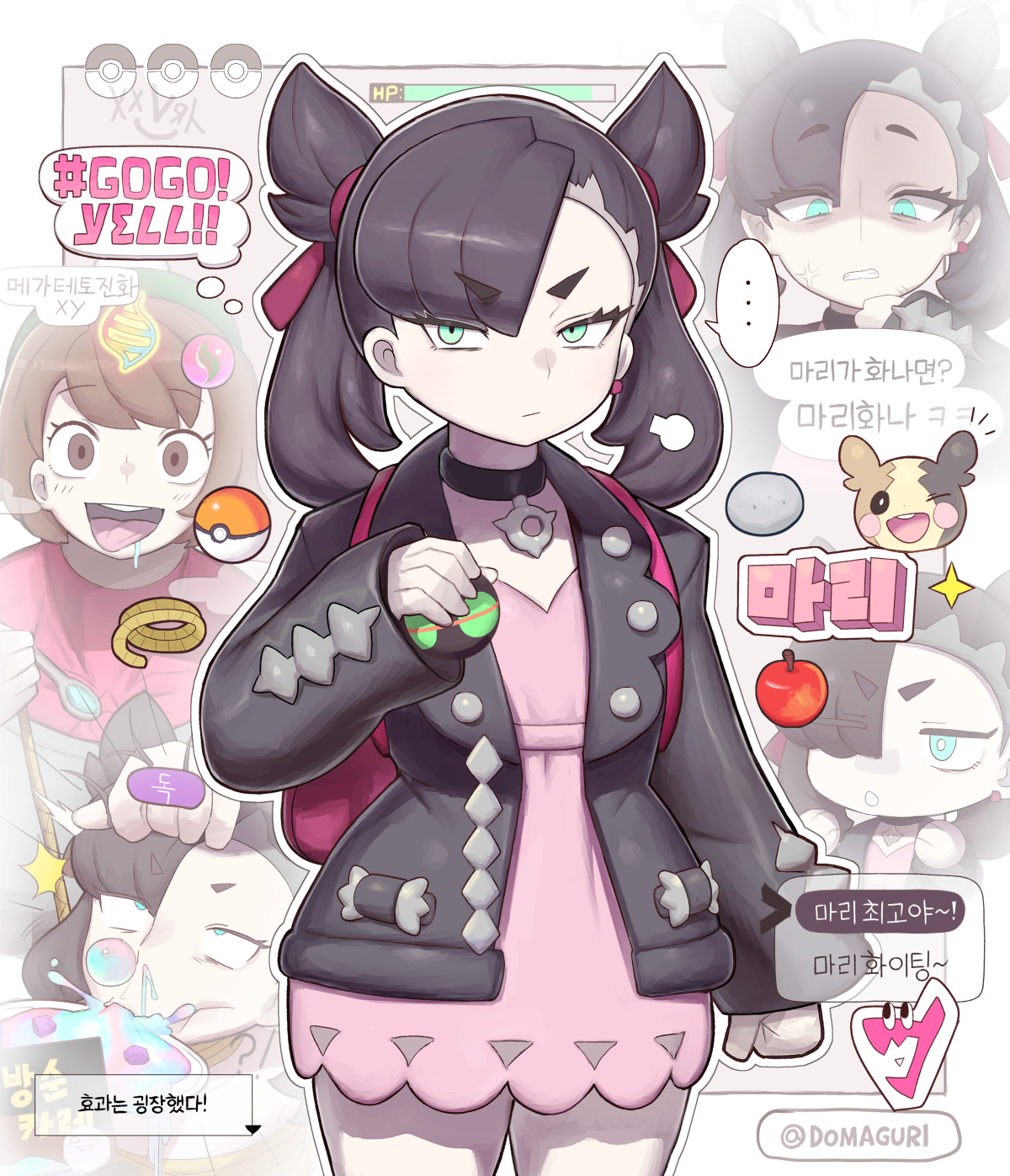domaguri, gloria (pokemon), marnie (pokemon), nintendo, pokemon, pokemon swsh, asymmetrical bangs, black choker, black hair, choker, dress, dusk ball, hair ribbon, holding, holding poke ball, jacket, pink dress, poke ball, ribbon, twintails, undercut