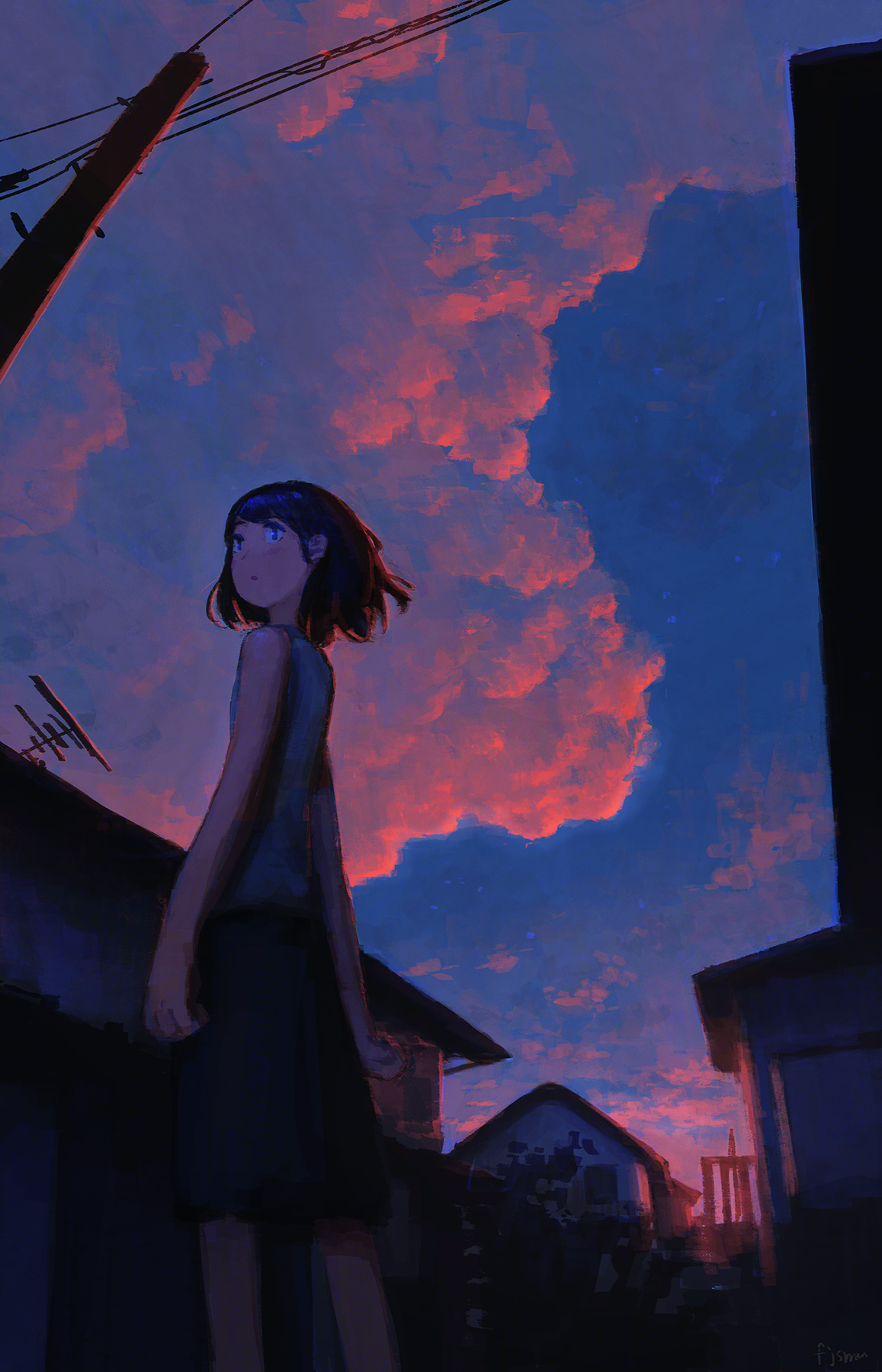 fjsmu, original, commentary, highres, 1girl, black hair, cloud, dusk, evening, feet out of frame, house, looking to the side, medium hair, outdoors, scenery, signature, sky, sleeveless, solo, standing