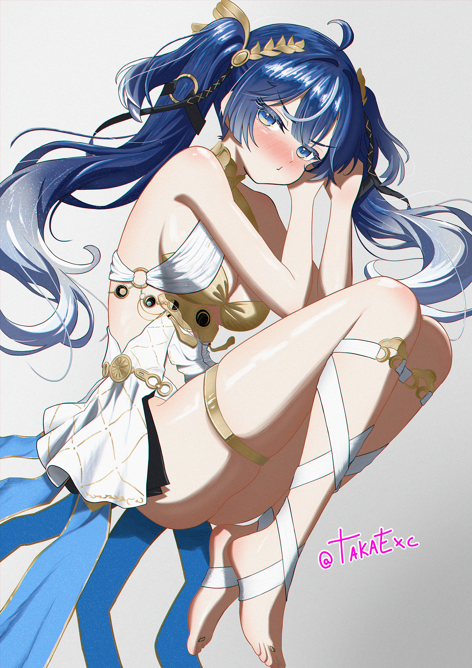 srtaka, iuno (wuthering waves), wuthering waves, commentary, english commentary, highres, 1girl, ahoge, ancient greek clothes, bare shoulders, barefoot, black skirt, blue eyes, blue hair, blush, breasts, cleavage, closed mouth, gold bra, gradient hair, greco-roman clothes, grey background, jewelry, laurel crown, leg wrap, long hair, looking at viewer, medium breasts, miniskirt, multicolored hair, simple background, skirt, solo, streaked hair, thighlet, thighs, twintails, twitter username