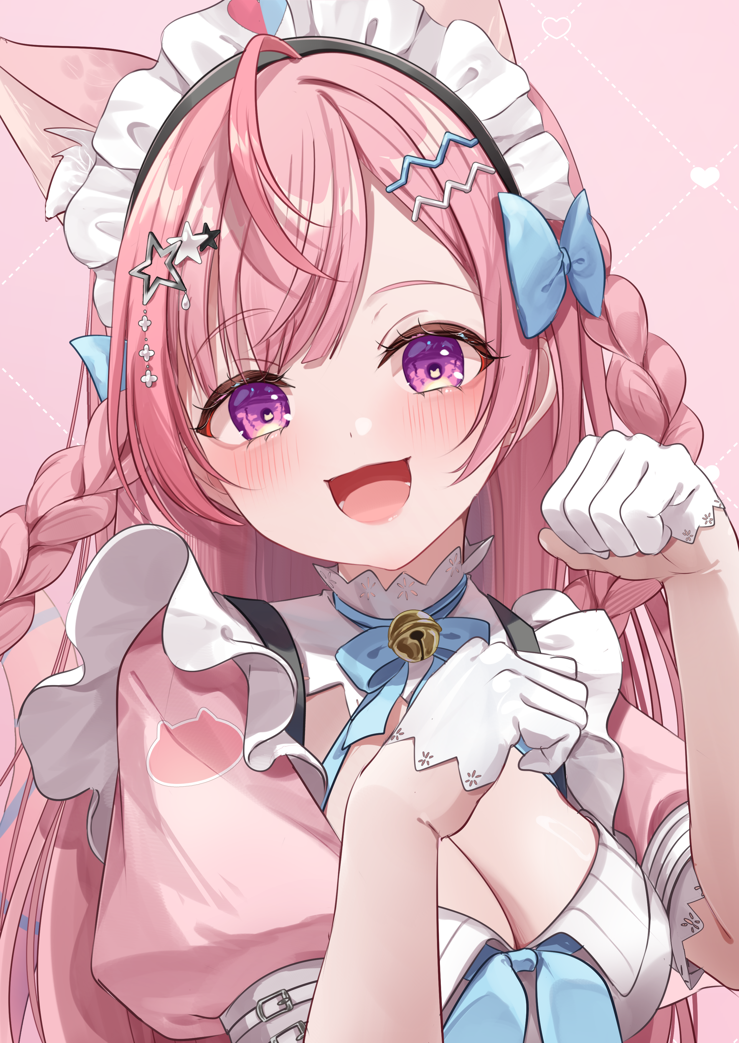 shagaihi, yuuki sakuna, indie virtual youtuber, absurdres, highres, 1girl, animal ears, breasts, cat ears, cat girl, cleavage, dress, gloves, hair ornament, half gloves, hands up, long hair, looking at viewer, maid headdress, open mouth, pink background, pink dress, pink hair, purple eyes, short sleeves, simple background, smile, solo, star (symbol), star hair ornament, upper body, virtual youtuber, white gloves