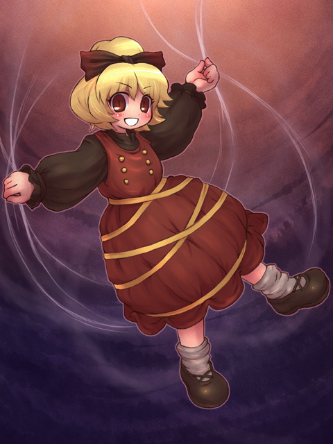 sankuma, kurodani yamame, touhou, 1girl, :d, blonde hair, blush, dress, female focus, full body, loafers, long sleeves, looking at viewer, open mouth, ponytail, red dress, red eyes, shoes, short hair, silk, smile, socks, solo, spider web, tareme
