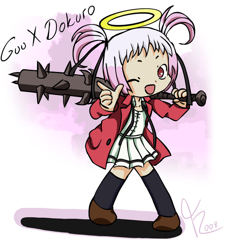 guu (jungle wa itsumo), mitsukai dokuro, jungle wa itsumo hare nochi guu, 1girl, angel, club (weapon), female focus, full body, halo, pink hair, red eyes, school uniform, serafuku, solo, standing, twintails, weapon