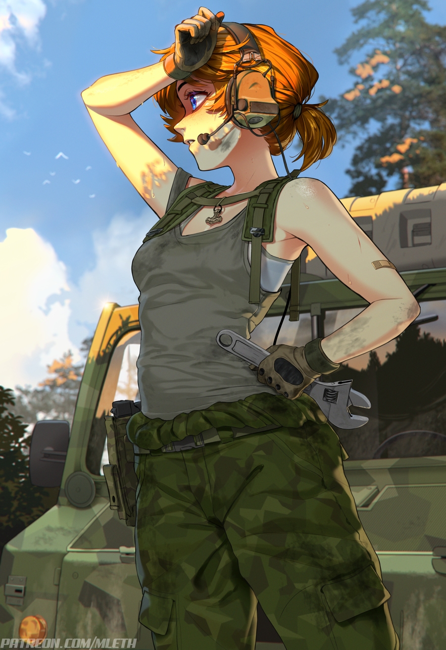 mleth, brooke (mleth), original, commentary, english commentary, highres, 1girl, bandaid, bandaid on arm, bare arms, bare shoulders, belt, blue eyes, blue sky, blurry, breasts, brown gloves, brown hair, camouflage, camouflage pants, chest harness, cloud, cloudy sky, collarbone, cowboy shot, depth of field, dirty, dirty face, freckles, gloves, green pants, green tank top, hair tie, hand on own hip, harness, headphones, headset, holding, holding wrench, medium breasts, military combat uniform, military jeep, military uniform, motor vehicle, outdoors, pants, patreon username, ponytail, short hair, short ponytail, simple bird, sky, solo, standing, sweat, tank top, tree, twitter username, wiping sweat, wrench