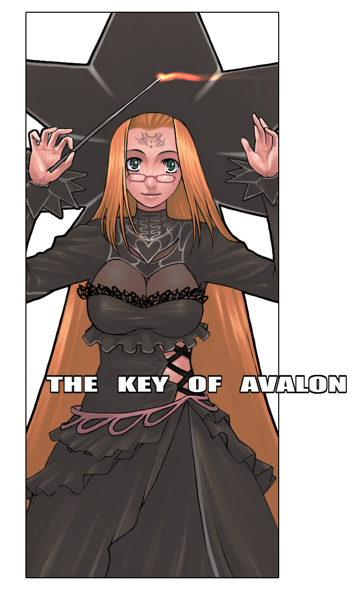 g-room honten, avalon no kagi, the key of avalon, 1girl, breasts, cleavage, dress, female focus, glasses, green eyes, hat, large breasts, long hair, orange hair, solo, wand, witch, witch hat