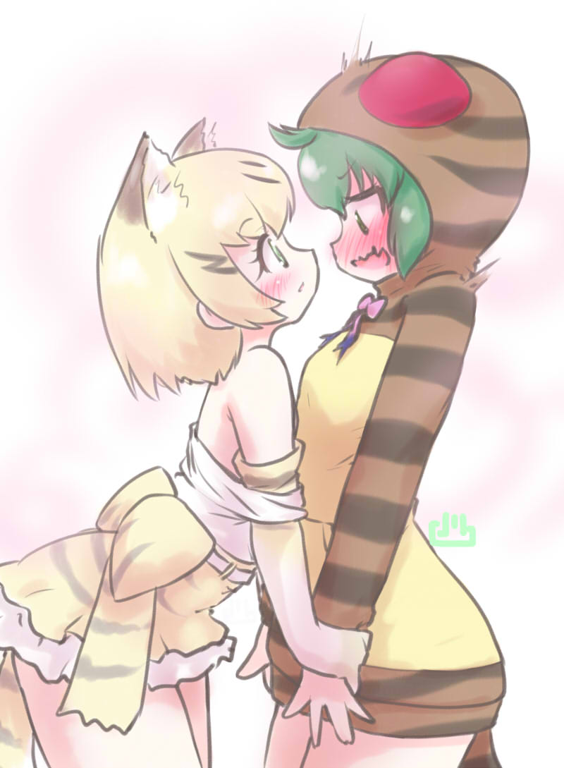 uho (uhoyoshi-o), sand cat (kemono friends), tsuchinoko (kemono friends), kemono friends, 2girls, animal ears, animal print, back bow, bare shoulders, blonde hair, blue eyes, blush, bow, brown hair, brown hoodie, cat ears, cat girl, cat print, cat tail, elbow gloves, embarrassed, extra ears, frilled skirt, frills, gloves, green hair, hair between eyes, height difference, hood, hood up, hoodie, looking at another, multicolored hair, multicolored hoodie, multiple girls, print gloves, print skirt, shirt, short hair, sidelocks, skirt, sleeveless, snake girl, snake print, snake tail, striped clothes, striped hoodie, tail, white shirt, yellow gloves, yellow hoodie