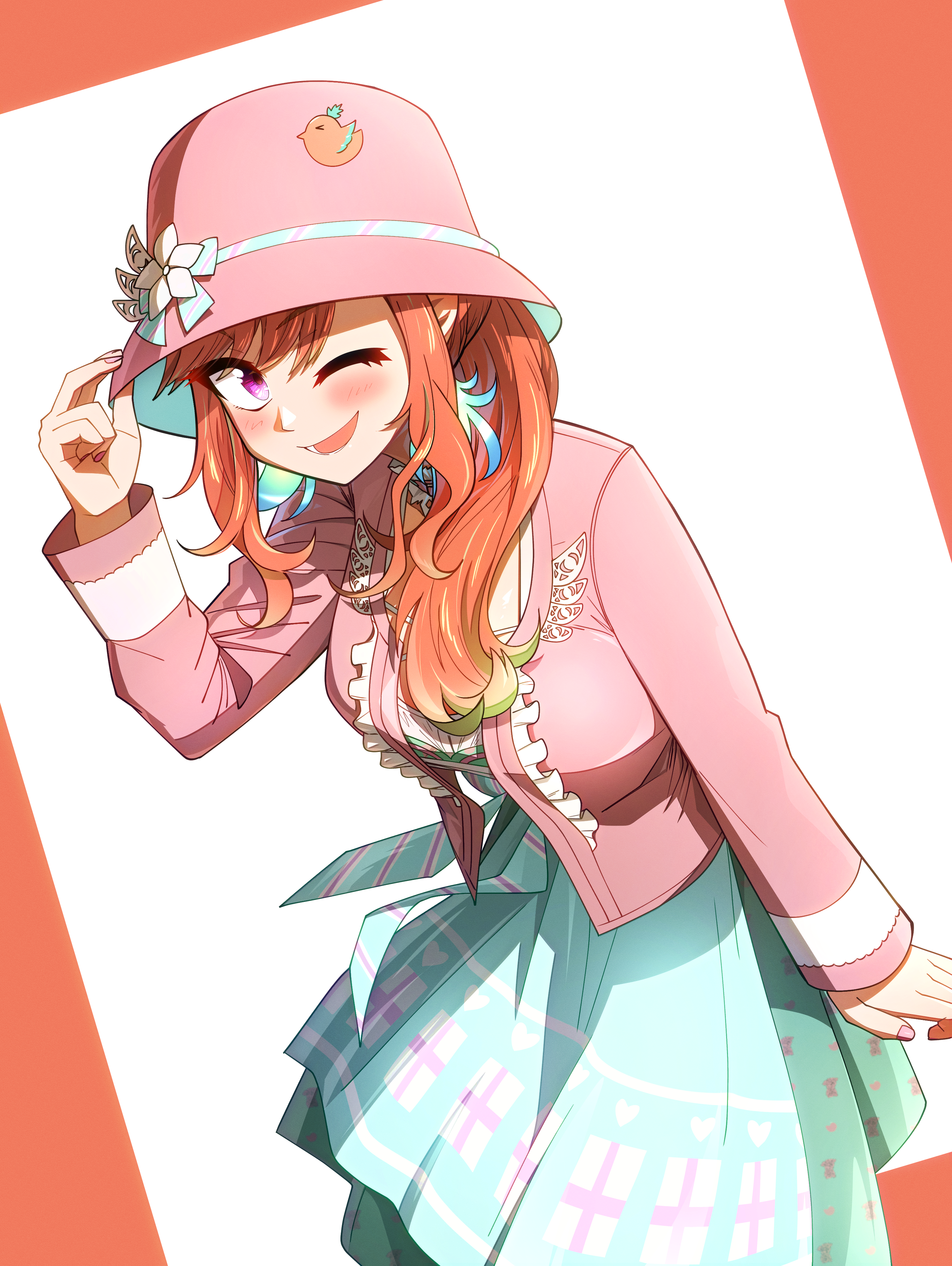 ddolbang, kotori (takanashi kiara), takanashi kiara, takanashi kiara (dirndl), hololive, hololive english, absurdres, highres, 1girl, bucket hat, cardigan, dirndl, dress, earrings, feather earrings, feathers, german clothes, green dress, hat, jewelry, long hair, official alternate costume, one eye closed, open mouth, orange hair, purple eyes, simple background, smile, virtual youtuber