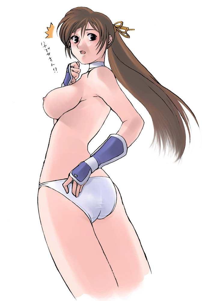 g-room honten, kasumi (doa), dead or alive, tecmo, 1girl, ass, back, black eyes, blush, breasts, brown eyes, brown hair, choker, female focus, flat ass, gloves, huge breasts, large breasts, lingerie, long hair, nipples, panties, ponytail, ribbon, solo, topless female, underwear, white panties