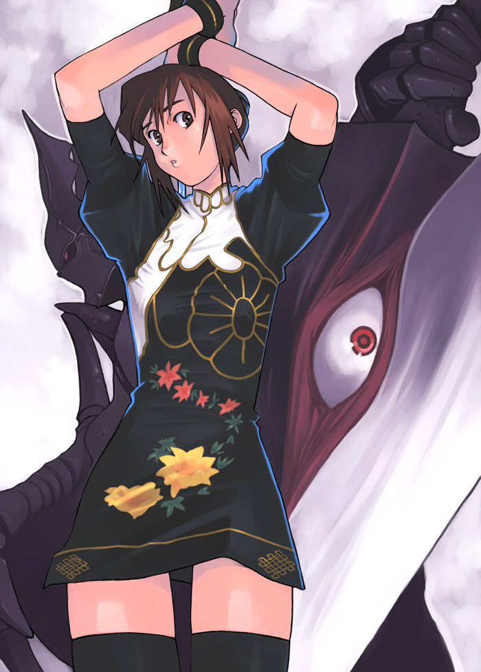 g-room honten, chai xianghua, nightmare (soulcalibur), namco, soul calibur, soul edge, soulcalibur, soulcalibur ii, 1boy, 1girl, alternate costume, armor, back-to-back, black dress, black thighhighs, blush, breasts, brown eyes, brown hair, dress, eyeball, flat chest, huge weapon, short hair, small breasts, soul edge (weapon), sword, thighhighs, weapon, zettai ryouiki