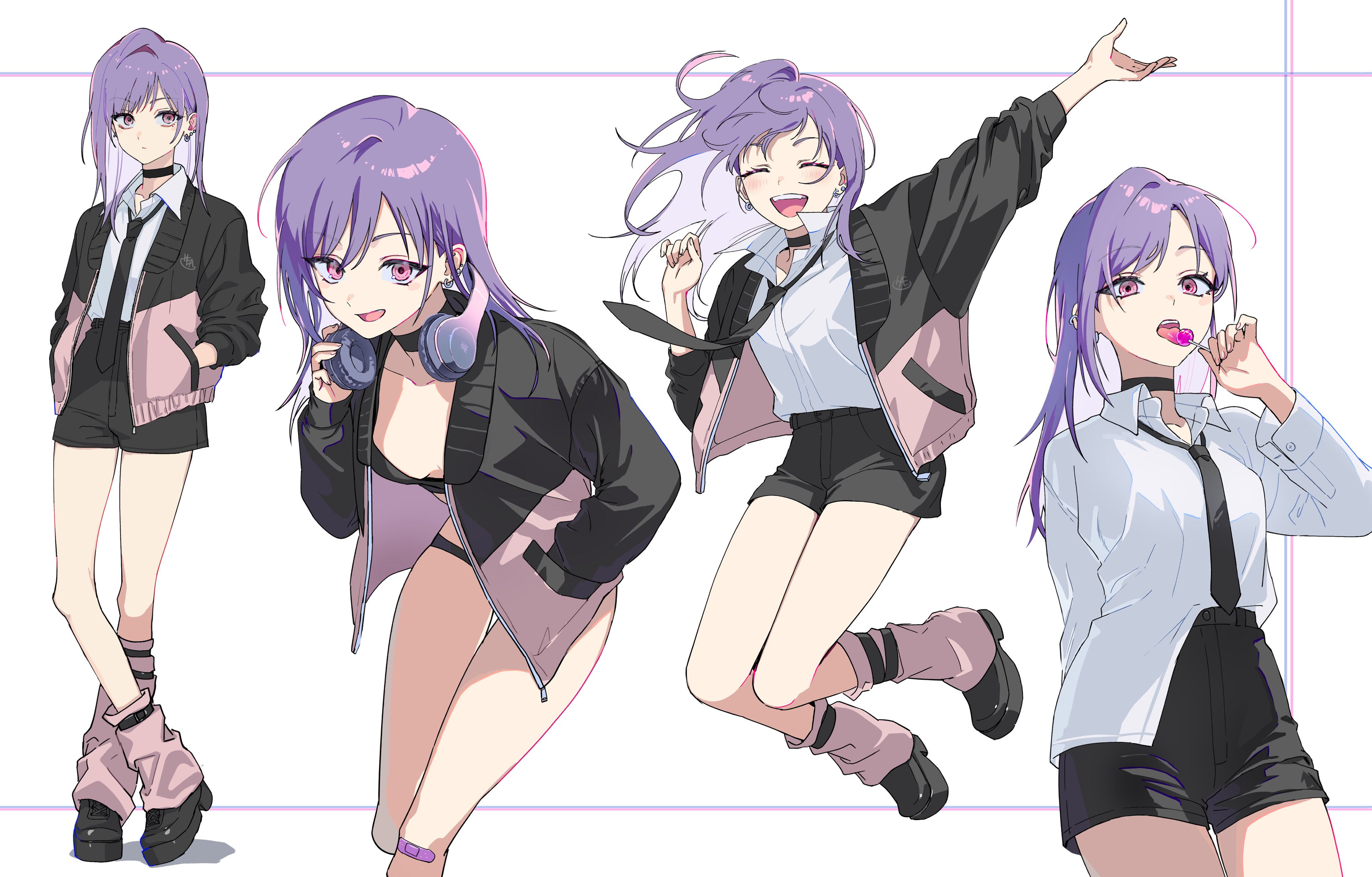 hieung, original, 1girl, bandaid, bandaid on leg, black necktie, candy, food, hand in pocket, headphones, headphones around neck, jumping, lollipop, multiple views, necktie, purple hair, shirt, standing, white shirt